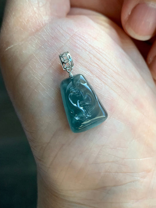 Petite Natural Guatemalan Premium Icy Highly Translucent Gelatinous Blue Jadeite Carved Double Fish Pendant 18K White Gold 天然冰胶危蓝水翡翠双鱼镶嵌吊坠