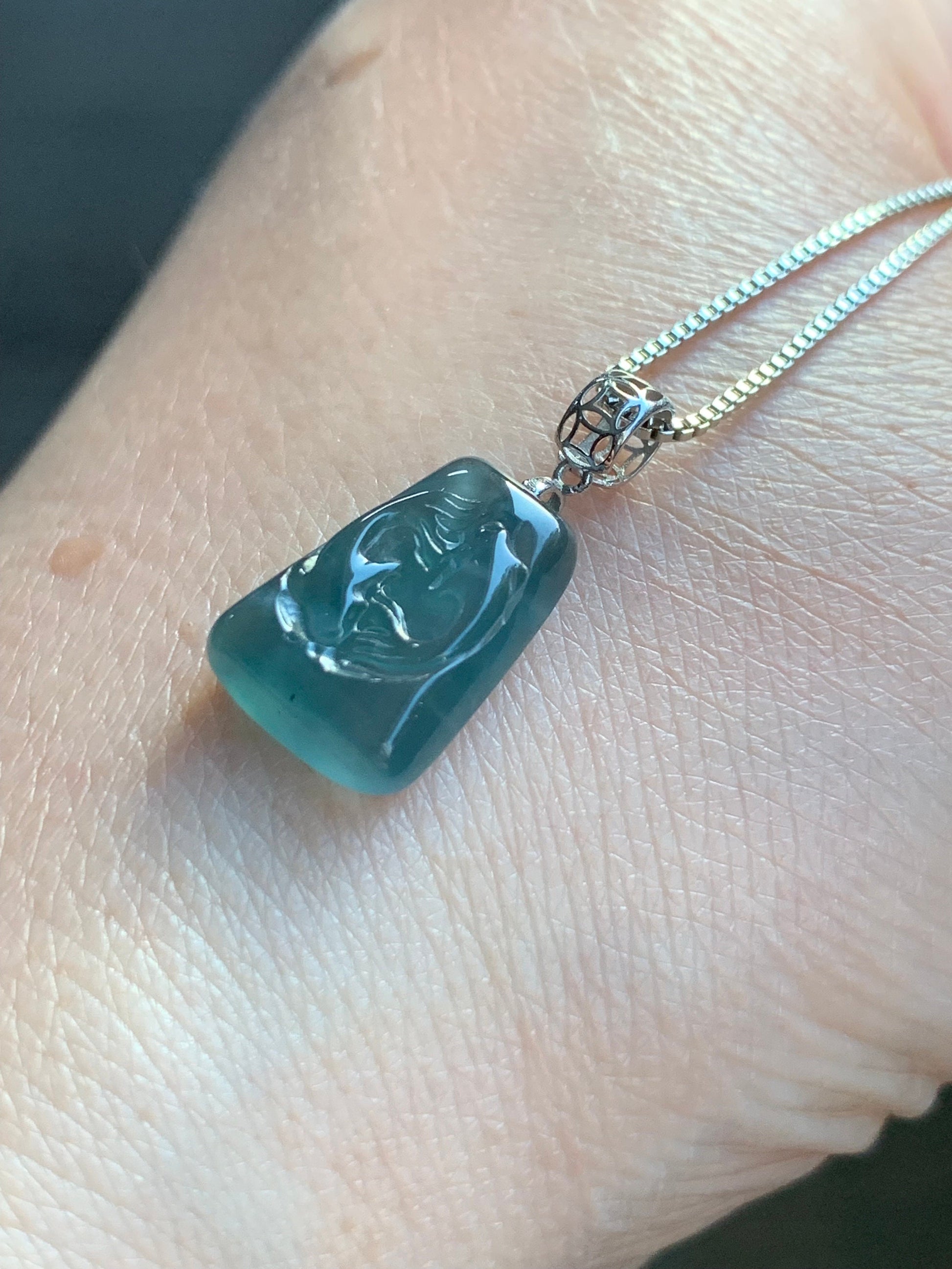 Petite Natural Guatemalan Premium Icy Highly Translucent Gelatinous Blue Jadeite Carved Double Fish Pendant 18K White Gold 天然冰胶危蓝水翡翠双鱼镶嵌吊坠