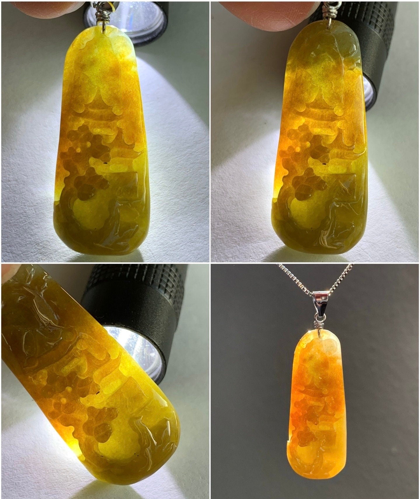 Natural Burmese Icy Translucent Deep Rich Yellow Jadeite Shan Shui Landscape Pendant Sterling Silver Bail 7g 天然缅甸冰油黄翡翠山水牌吊坠