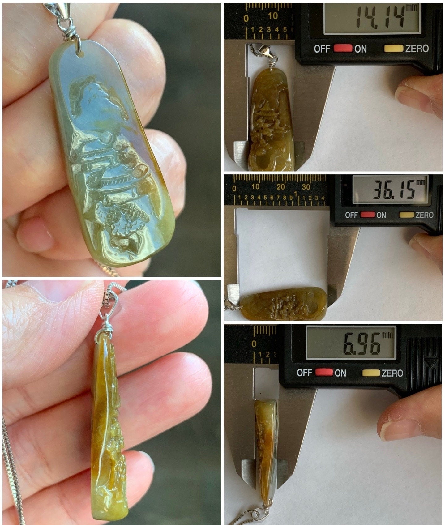Natural Burmese Icy Translucent Deep Rich Yellow Jadeite Shan Shui Landscape Pendant Sterling Silver Bail 7g 天然缅甸冰油黄翡翠山水牌吊坠