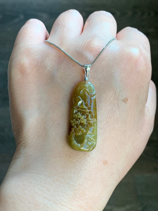 Natural Burmese Icy Translucent Deep Rich Yellow Jadeite Shan Shui Landscape Pendant Sterling Silver Bail 7g 天然缅甸冰油黄翡翠山水牌吊坠