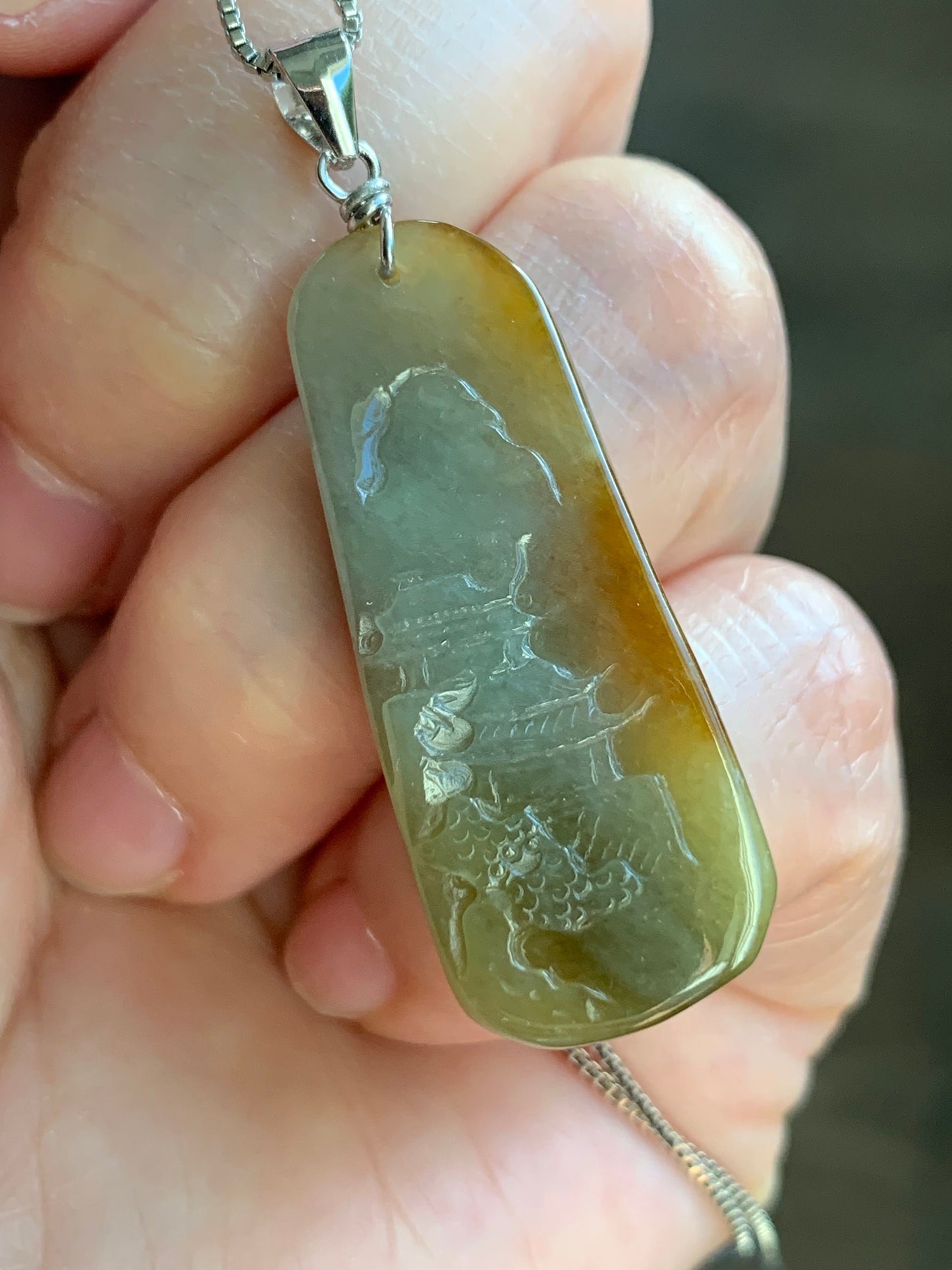 Natural Burmese Icy Translucent Deep Rich Yellow Jadeite Shan Shui Landscape Pendant Sterling Silver Bail 7g 天然缅甸冰油黄翡翠山水牌吊坠
