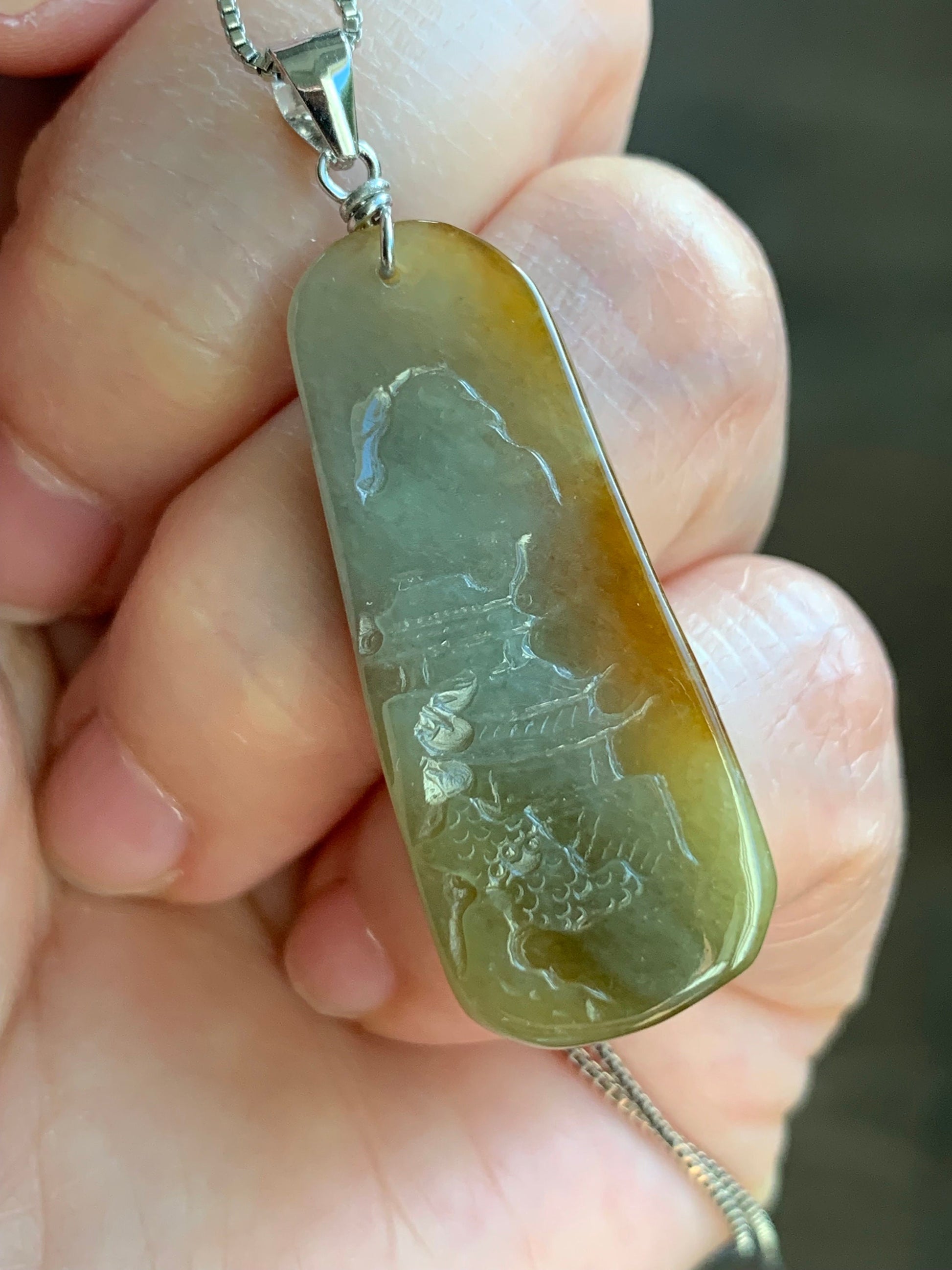 Natural Burmese Icy Translucent Deep Rich Yellow Jadeite Shan Shui Landscape Pendant Sterling Silver Bail 7g 天然缅甸冰油黄翡翠山水牌吊坠