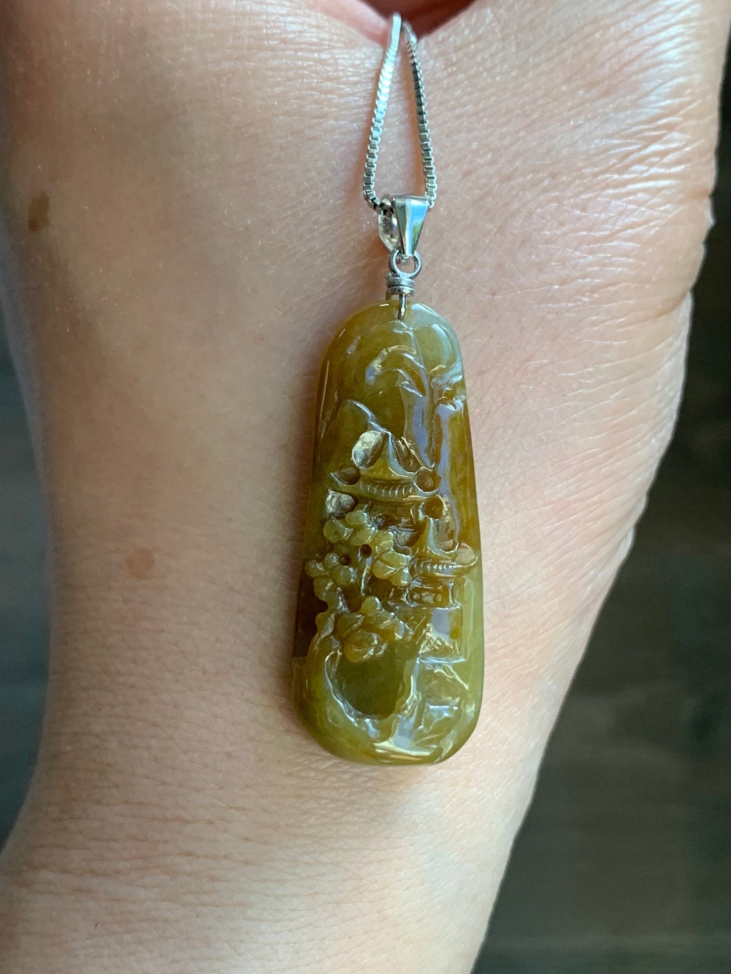 Natural Burmese Icy Translucent Deep Rich Yellow Jadeite Shan Shui Landscape Pendant Sterling Silver Bail 7g 天然缅甸冰油黄翡翠山水牌吊坠