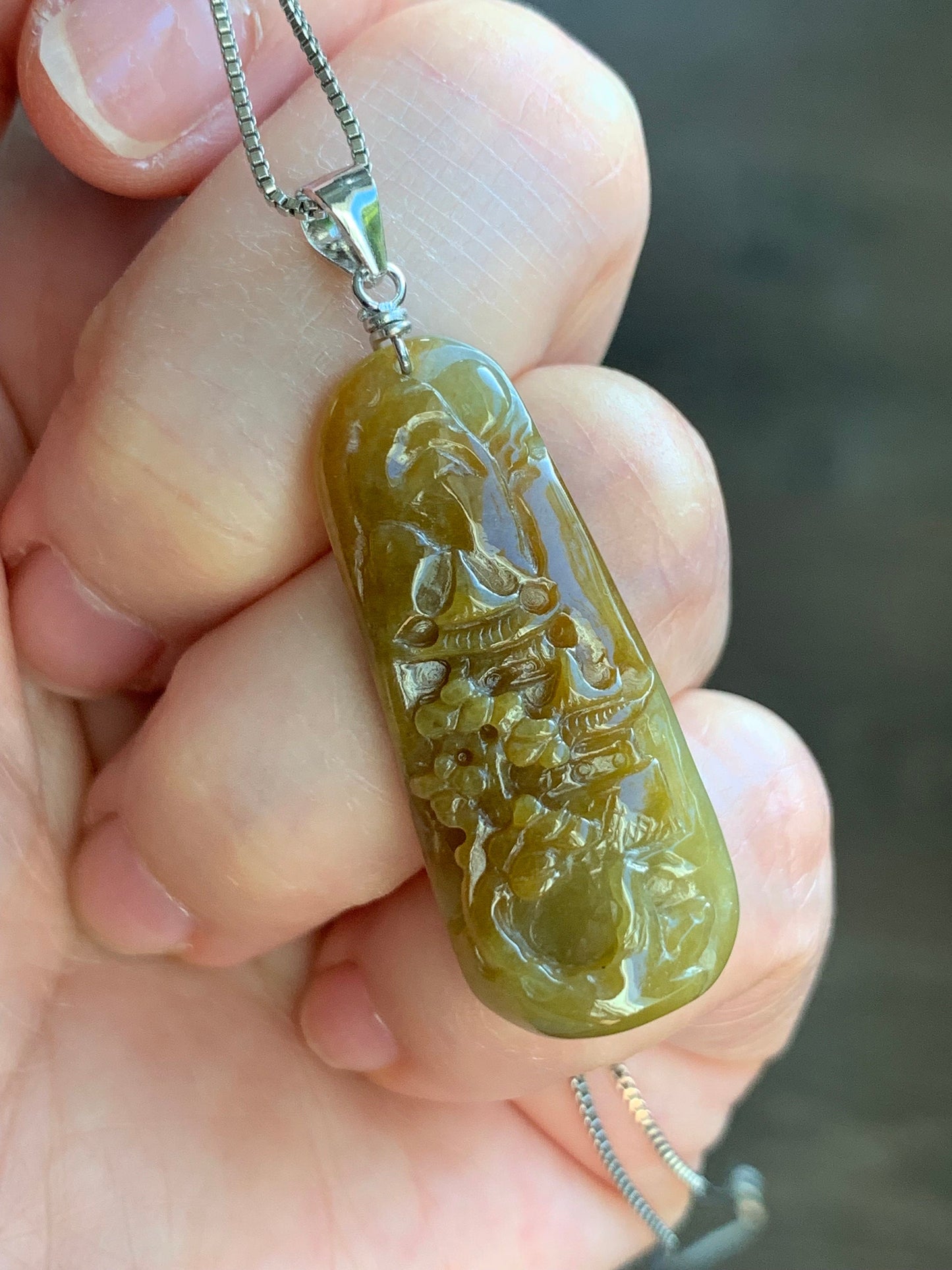Natural Burmese Icy Translucent Deep Rich Yellow Jadeite Shan Shui Landscape Pendant Sterling Silver Bail 7g 天然缅甸冰油黄翡翠山水牌吊坠