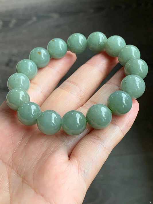 Large Natural Burmese Icy Translucent Dusty Sage Green Jadeite w/ Yellow Marbling Beaded Bracelet Stretchy 12.8mm 7.5” 58g 天然缅甸冰豆绿撒金翡翠大卡手串