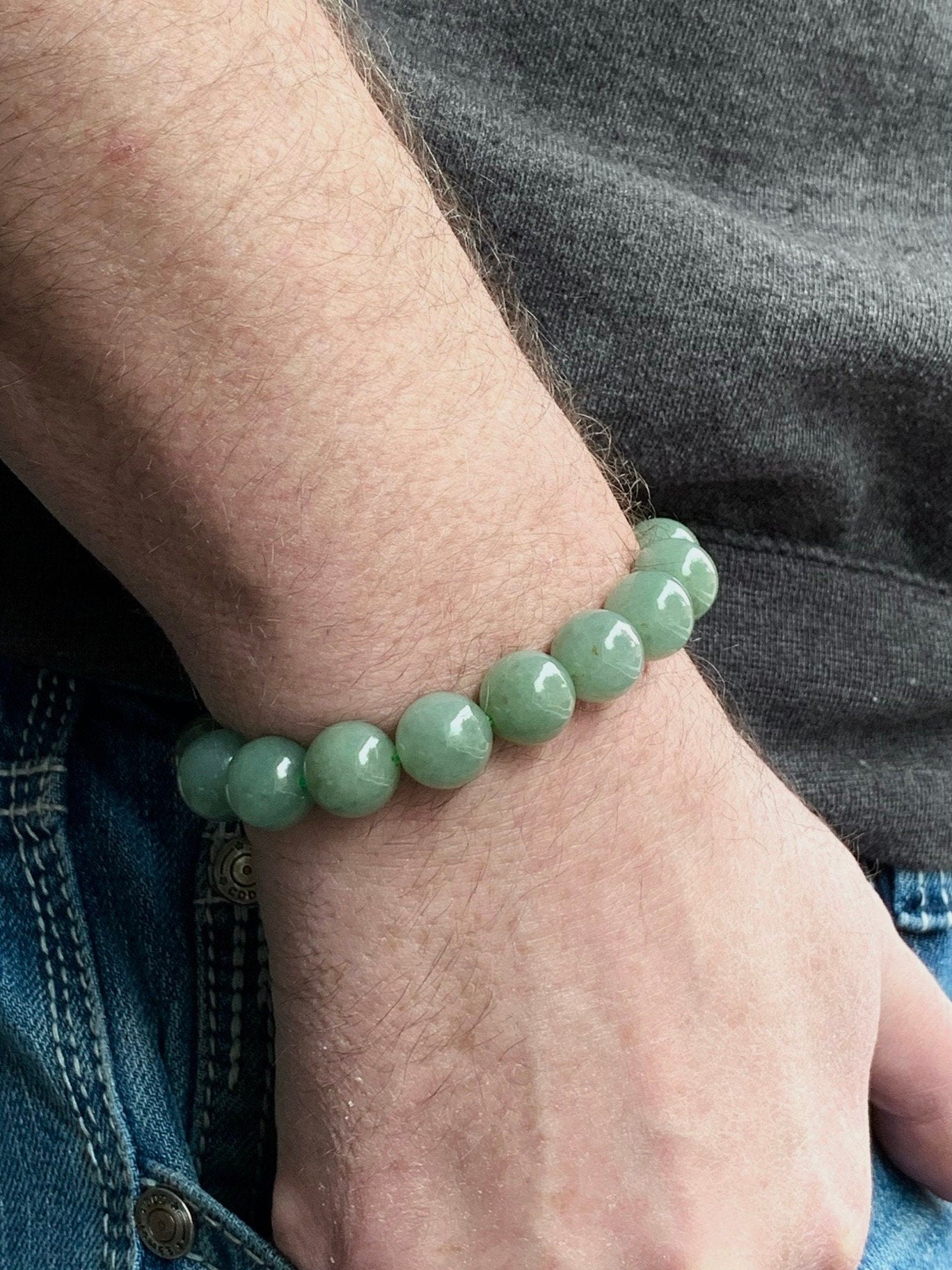 Large Natural Burmese Icy Translucent Dusty Sage Green Jadeite w/ Yellow Marbling Beaded Bracelet Stretchy 12.8mm 7.5” 58g 天然缅甸冰豆绿撒金翡翠大卡手串