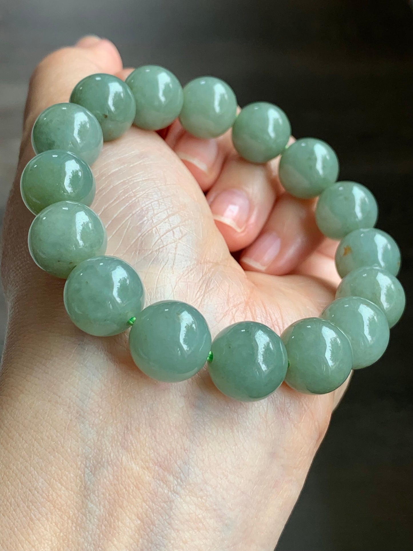 Large Natural Burmese Icy Translucent Dusty Sage Green Jadeite w/ Yellow Marbling Beaded Bracelet Stretchy 12.8mm 7.5” 58g 天然缅甸冰豆绿撒金翡翠大卡手串