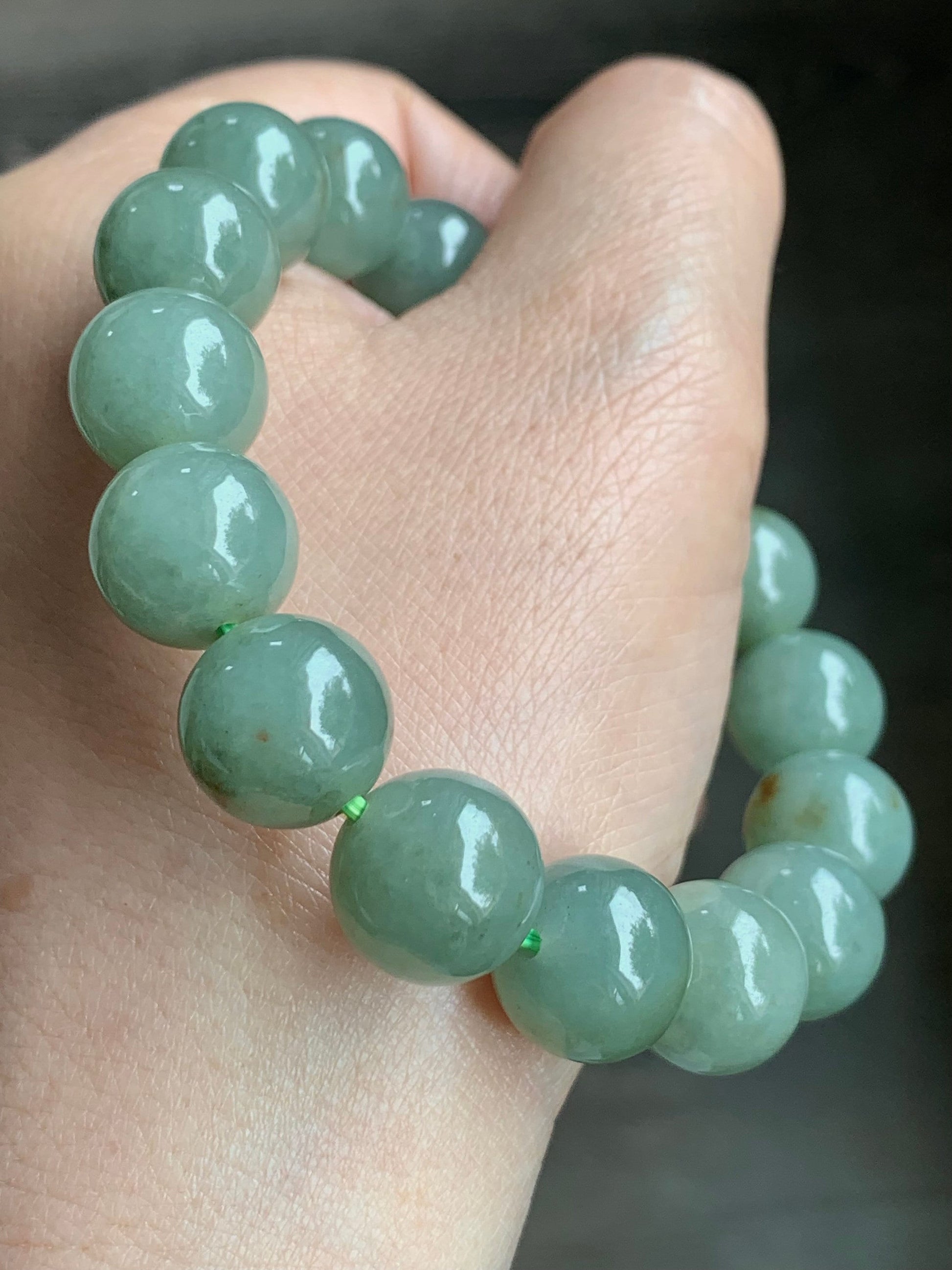 Large Natural Burmese Icy Translucent Dusty Sage Green Jadeite w/ Yellow Marbling Beaded Bracelet Stretchy 12.8mm 7.5” 58g 天然缅甸冰豆绿撒金翡翠大卡手串