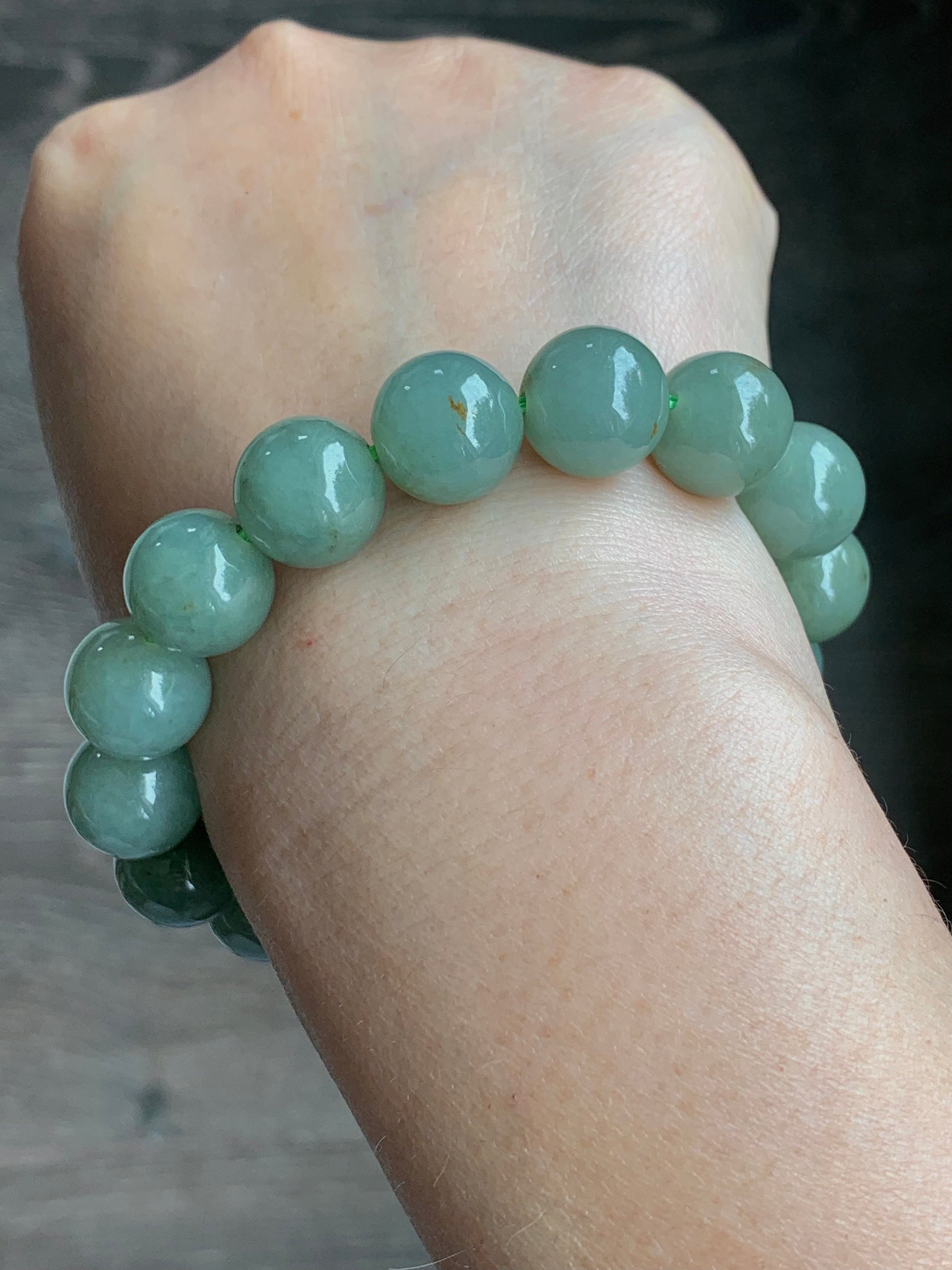 Large Natural Burmese Icy Translucent Dusty Sage Green Jadeite w/ Yellow Marbling Beaded Bracelet Stretchy 12.8mm 7.5” 58g 天然缅甸冰豆绿撒金翡翠大卡手串