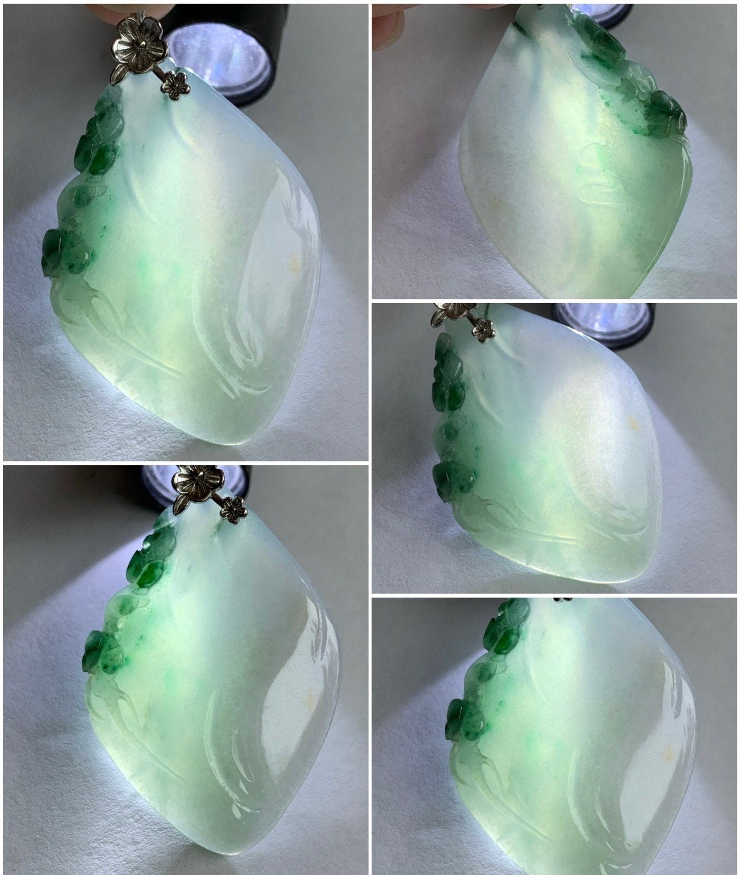 Certified Natural Burmese Icy Translucent Gelatinous Green Marbled Jadeite Diamond Pendant w/ Cherry Blossoms Sterling Silver 天然缅甸冰晴飘绿花翡翠吊坠