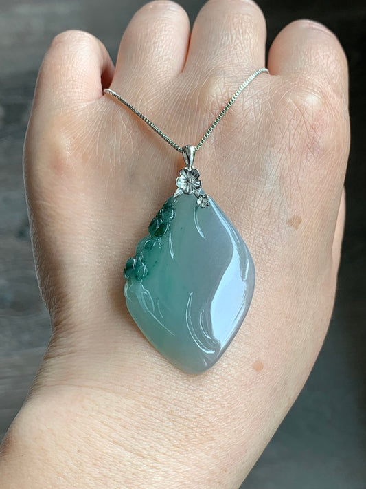 Certified Natural Burmese Icy Translucent Gelatinous Green Marbled Jadeite Diamond Pendant w/ Cherry Blossoms Sterling Silver 天然缅甸冰晴飘绿花翡翠吊坠