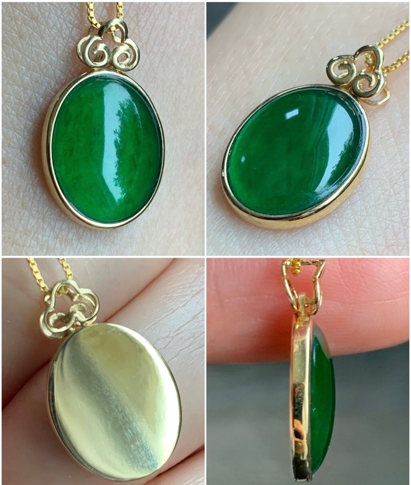 Certified Natural Guatemalan Icy Highly Translucent Vibrant Green Jadeite Oval Pendant 18K Yellow Gold Ruyi Design 天然老种冰危绿翡翠如意款镶嵌吊坠 1455