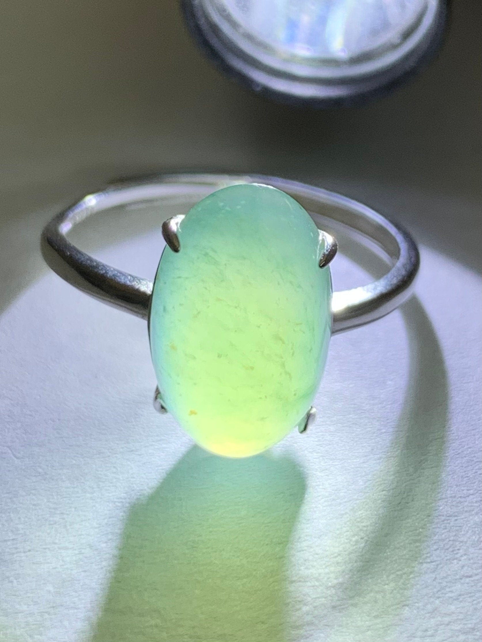 Natural Burmese Icy Translucent Gelatinous Light Green Jadeite Oval Cabochon Solitaire Ring Sterling Silver Adjustable 天然缅甸冰晴绿翡翠银镶戒指 MQ80