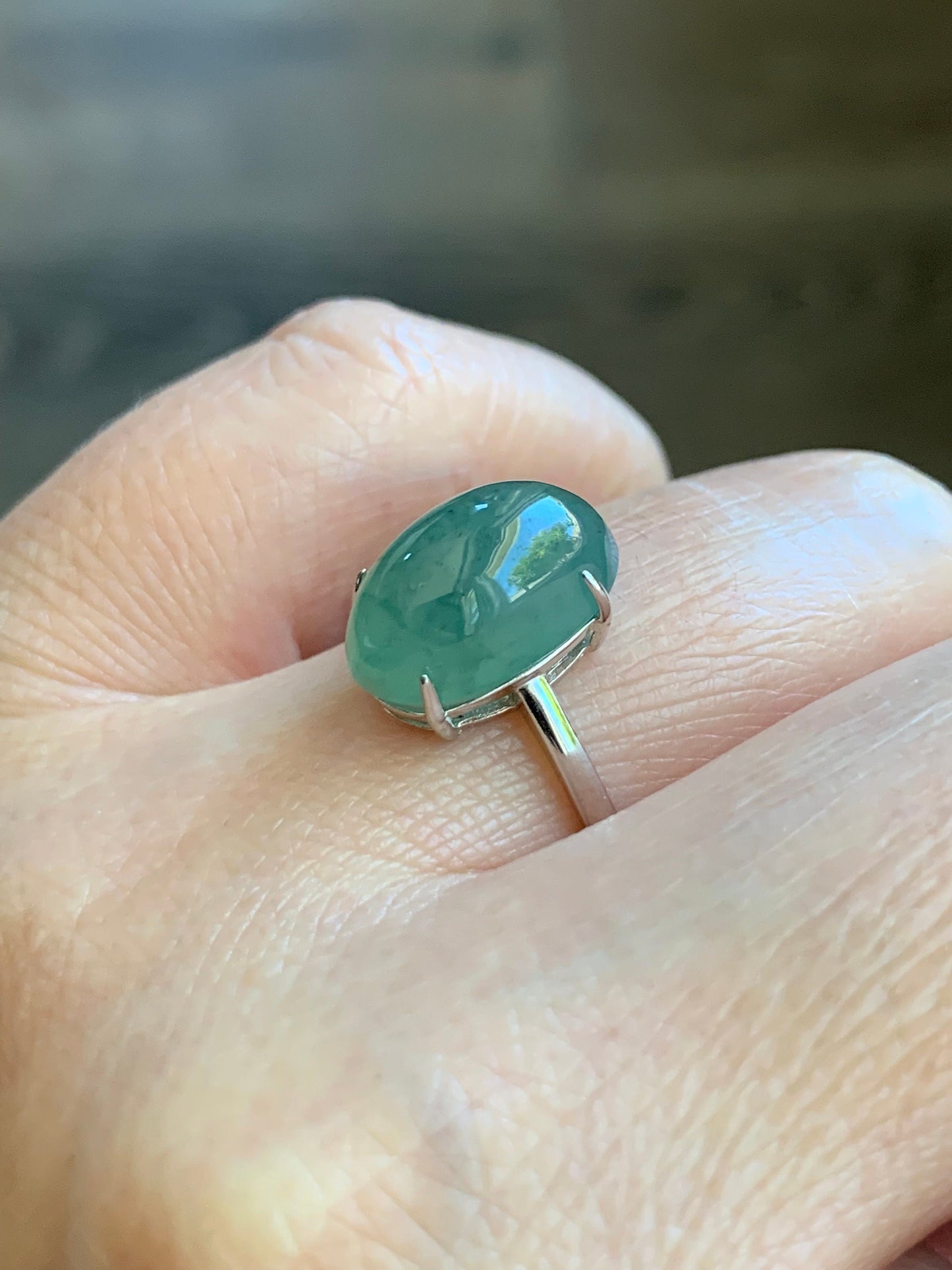 Natural Burmese Icy Translucent Gelatinous Light Green Jadeite Oval Cabochon Solitaire Ring Sterling Silver Adjustable 天然缅甸冰晴绿翡翠银镶戒指 MQ80