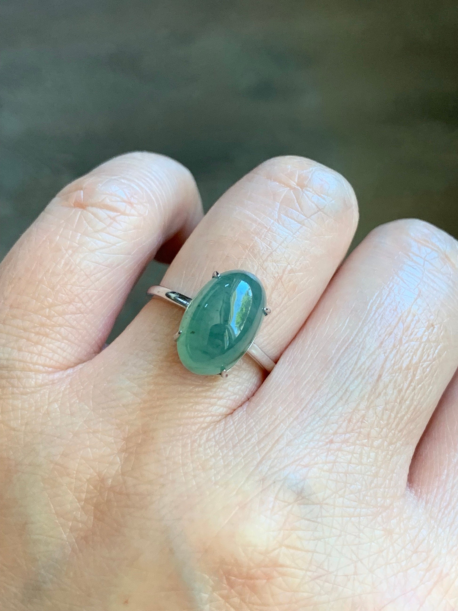 Natural Burmese Icy Translucent Gelatinous Light Green Jadeite Oval Cabochon Solitaire Ring Sterling Silver Adjustable 天然缅甸冰晴绿翡翠银镶戒指 MQ80