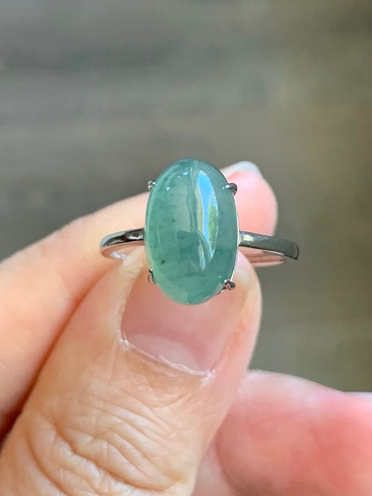 Natural Burmese Icy Translucent Gelatinous Light Green Jadeite Oval Cabochon Solitaire Ring Sterling Silver Adjustable 天然缅甸冰晴绿翡翠银镶戒指 MQ80