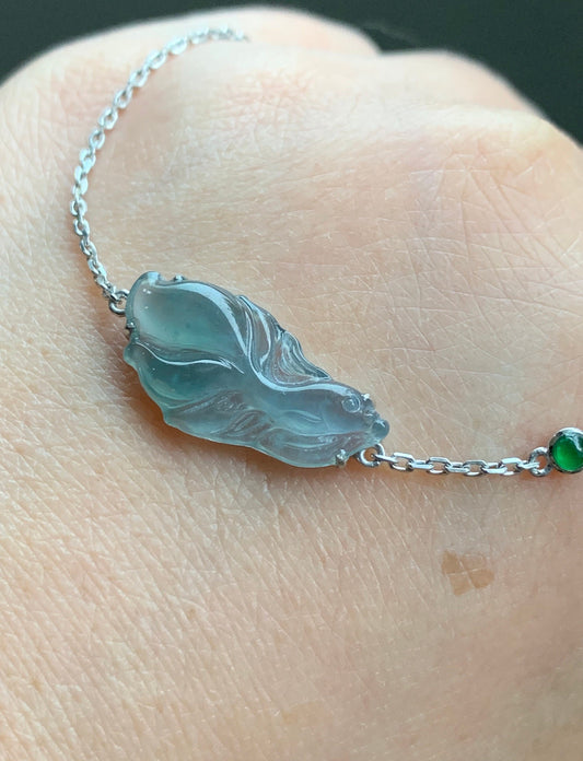 Certified Natural Guatemalan Icy Highly Translucent Dusty Blue Jadeite Betta Fish Bracelet 18K White Gold 6.25”-7.25” 天然冰危淡蓝翡翠斗鱼金镶手链 345