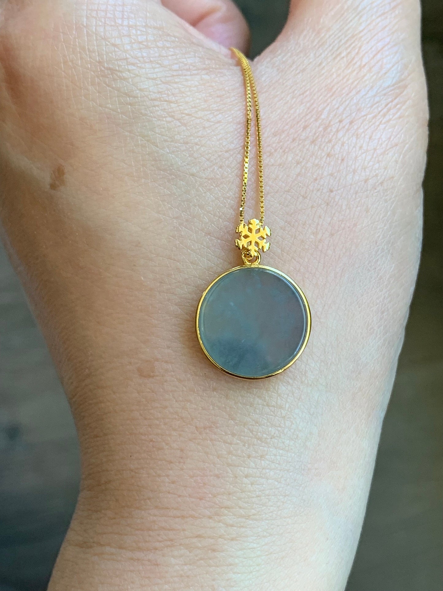 Natural Guatemalan Icy Highly Translation Light Blue Jadeite Round Wu Shi Pai Pendant Sterling Silver Yellow Gold Finish 天然冰危浅蓝翡翠无事牌镶嵌吊坠 A