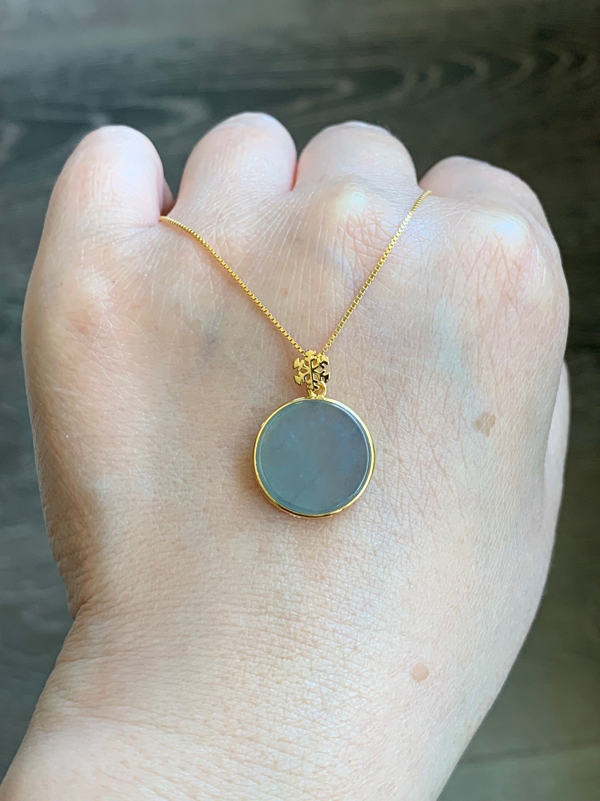 Natural Guatemalan Icy Highly Translation Light Blue Jadeite Round Wu Shi Pai Pendant Sterling Silver Yellow Gold Finish 天然冰危浅蓝翡翠无事牌镶嵌吊坠 A