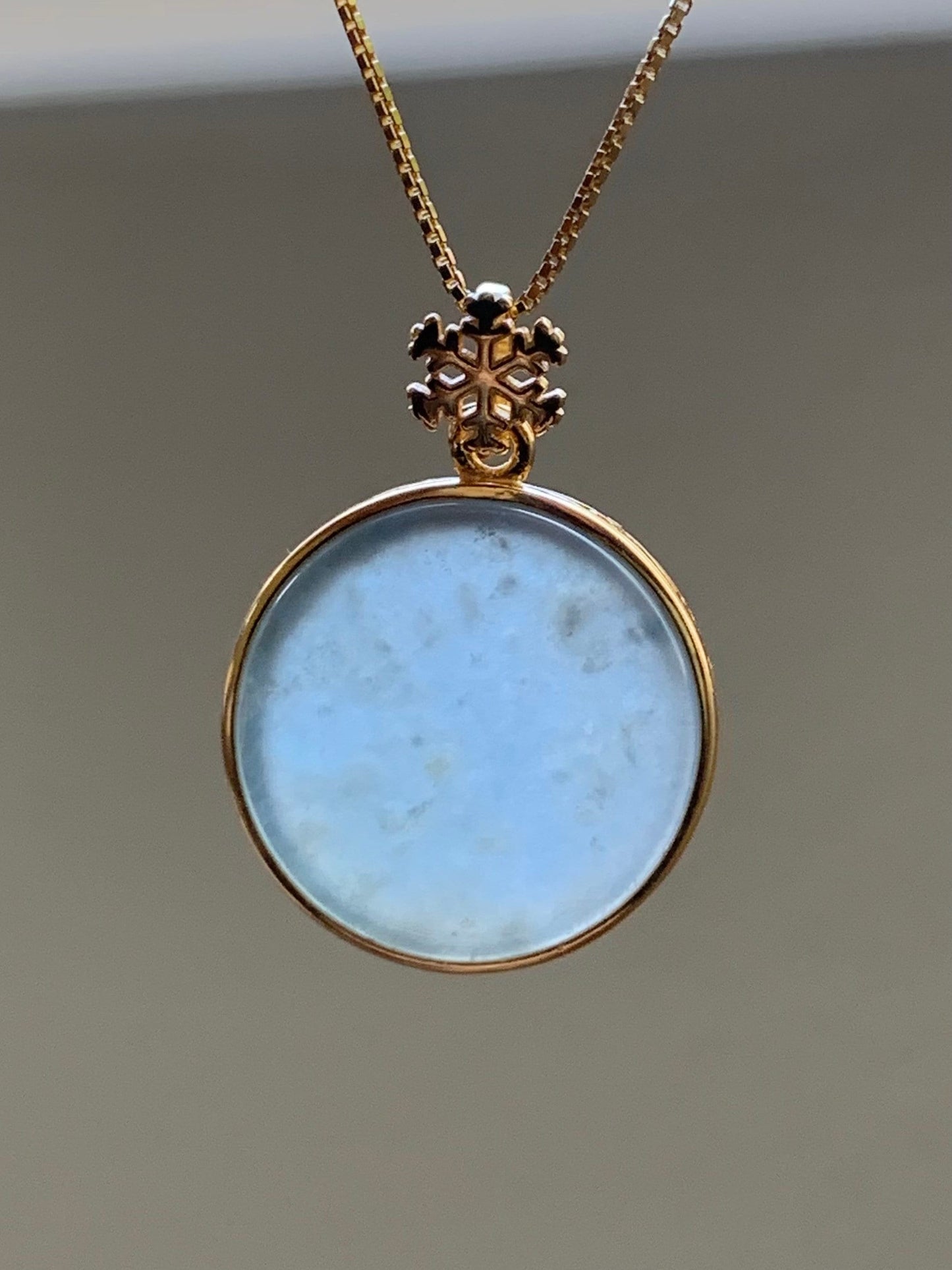 Natural Guatemalan Icy Highly Translation Light Blue Jadeite Round Wu Shi Pai Pendant Sterling Silver Yellow Gold Finish 天然冰危浅蓝翡翠无事牌镶嵌吊坠 A