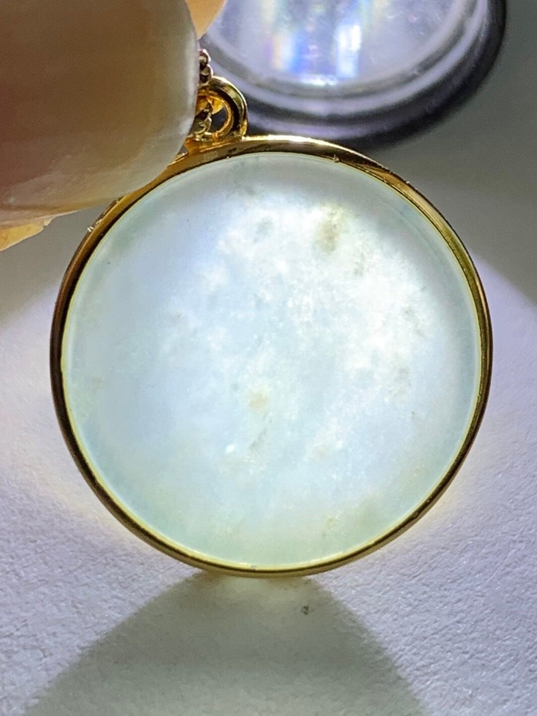 Natural Guatemalan Icy Highly Translation Light Blue Jadeite Round Wu Shi Pai Pendant Sterling Silver Yellow Gold Finish 天然冰危浅蓝翡翠无事牌镶嵌吊坠 A