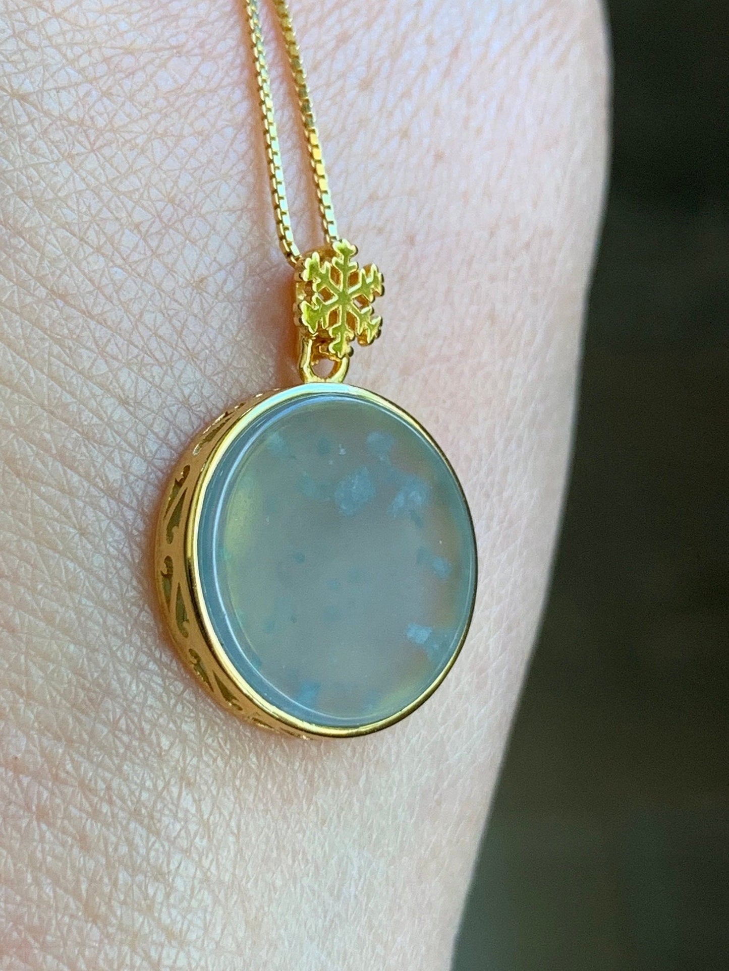 Natural Guatemalan Icy Highly Translation Light Blue Jadeite Round Wu Shi Pai Pendant Sterling Silver Yellow Gold Finish 天然冰危浅蓝翡翠无事牌镶嵌吊坠 B