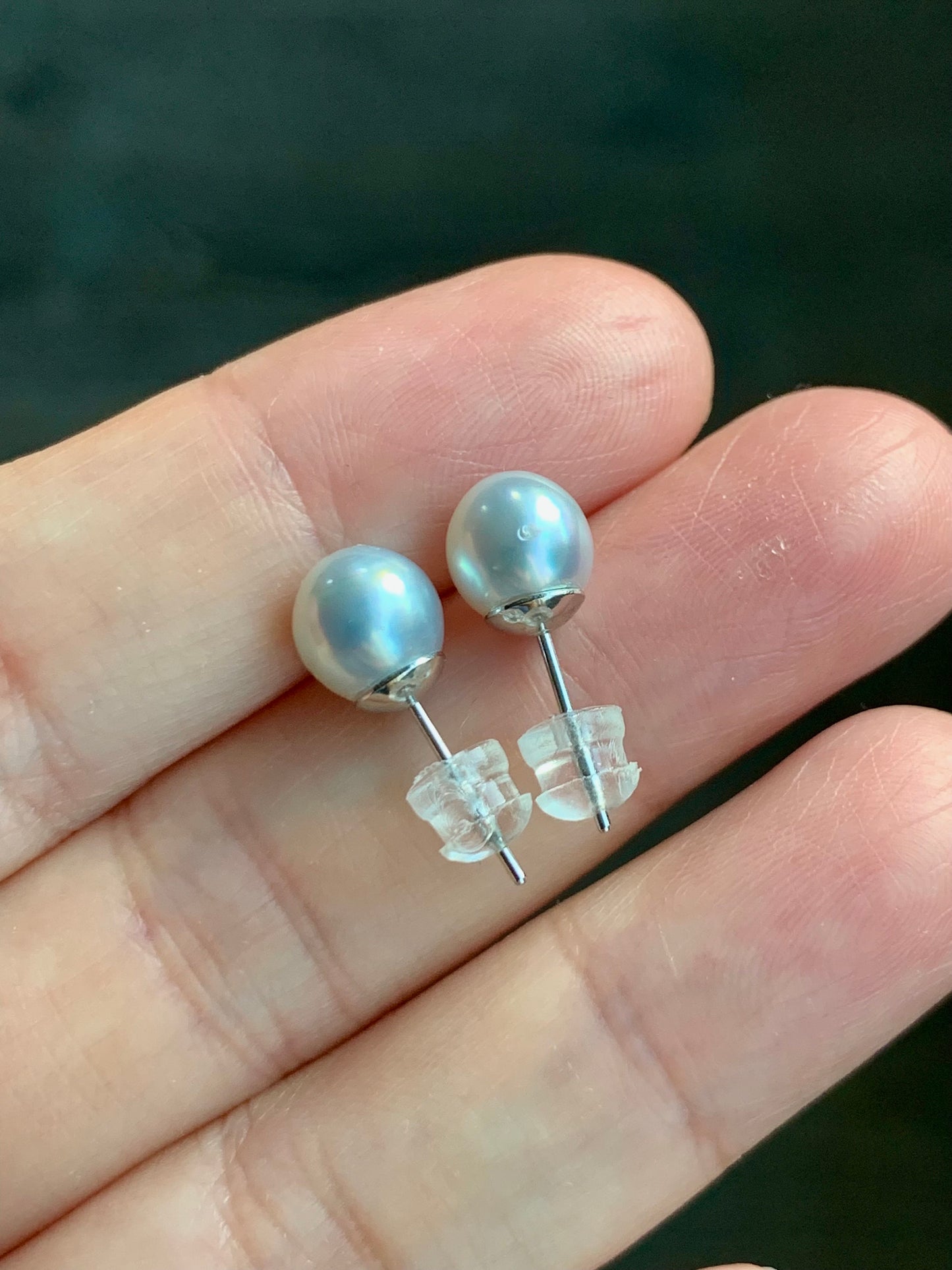 Natural Genuine Saltwater Lustrous Silver Gray Pearl Round Stud Earrings 925 Sterling Silver 7.26mm 天然海水奶奶灰圆珠珍珠纯银针耳钉 B
