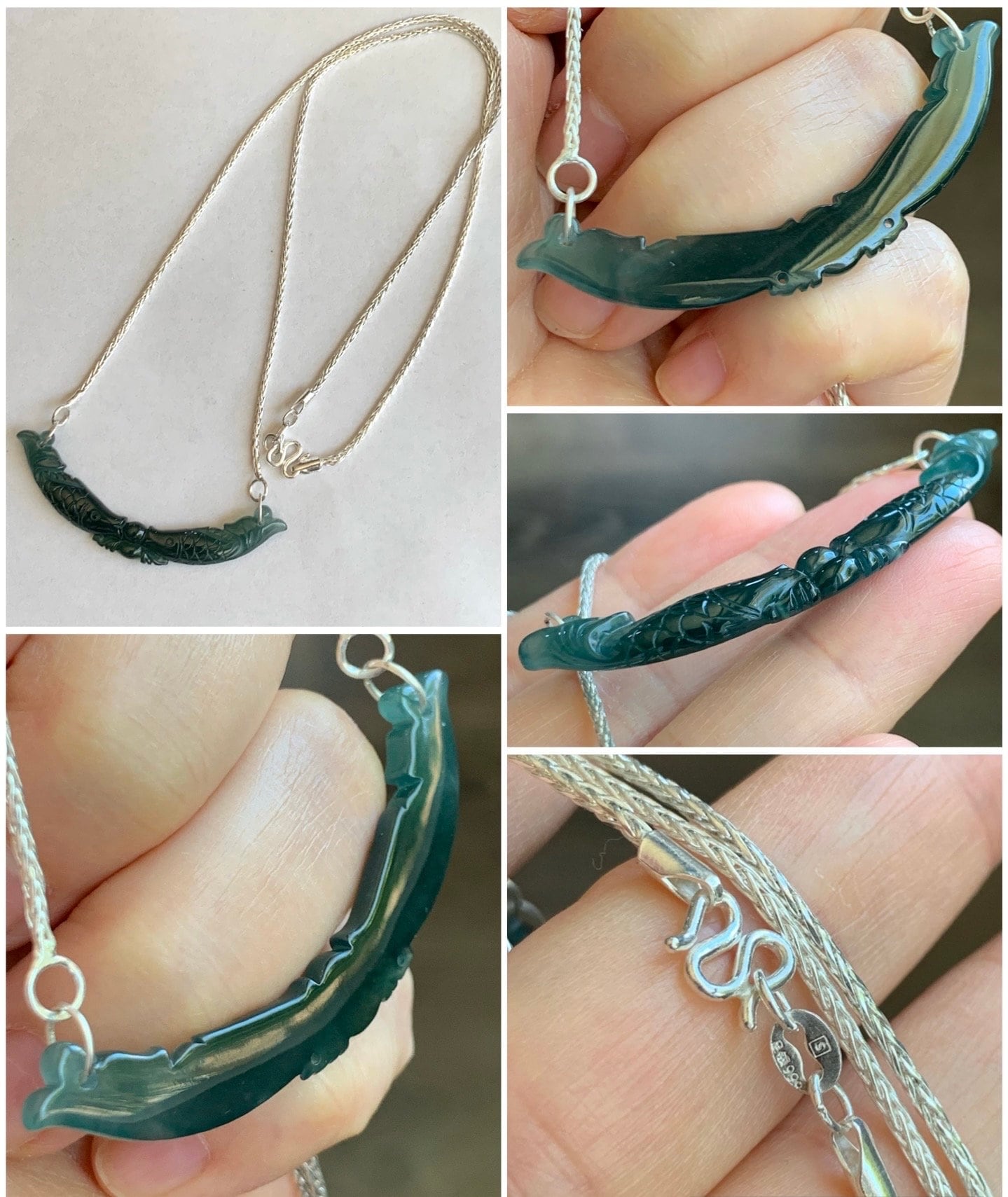 Natural Guatemalan Icy Translucent Deep Teal Blue Jadeite Double Fish Crescent Pendant 999 Sterling Silver Necklace 20” 天然冰胶危料湖水蓝翡翠双鱼玉横足银项链