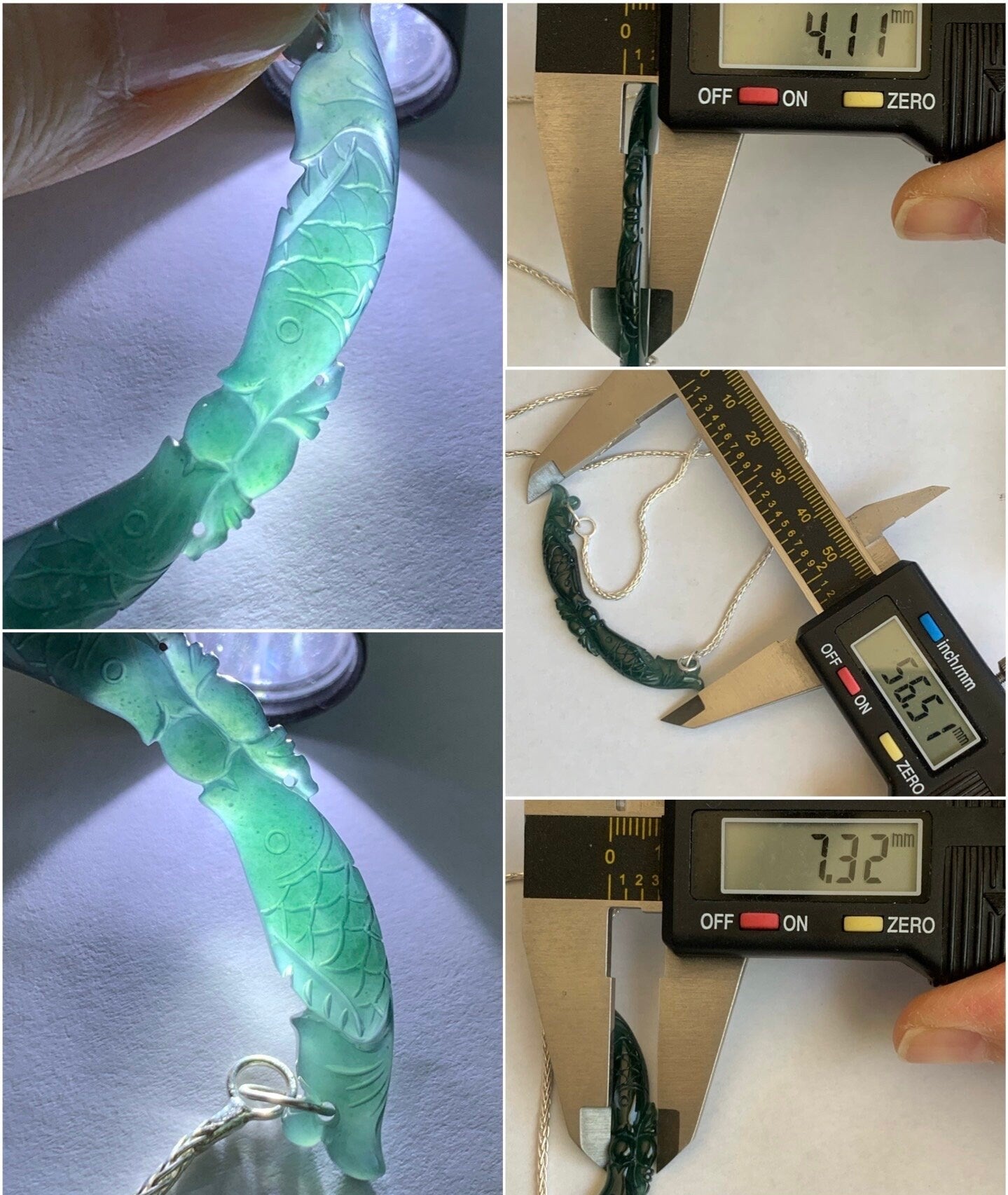 Natural Guatemalan Icy Translucent Deep Teal Blue Jadeite Double Fish Crescent Pendant 999 Sterling Silver Necklace 20” 天然冰胶危料湖水蓝翡翠双鱼玉横足银项链