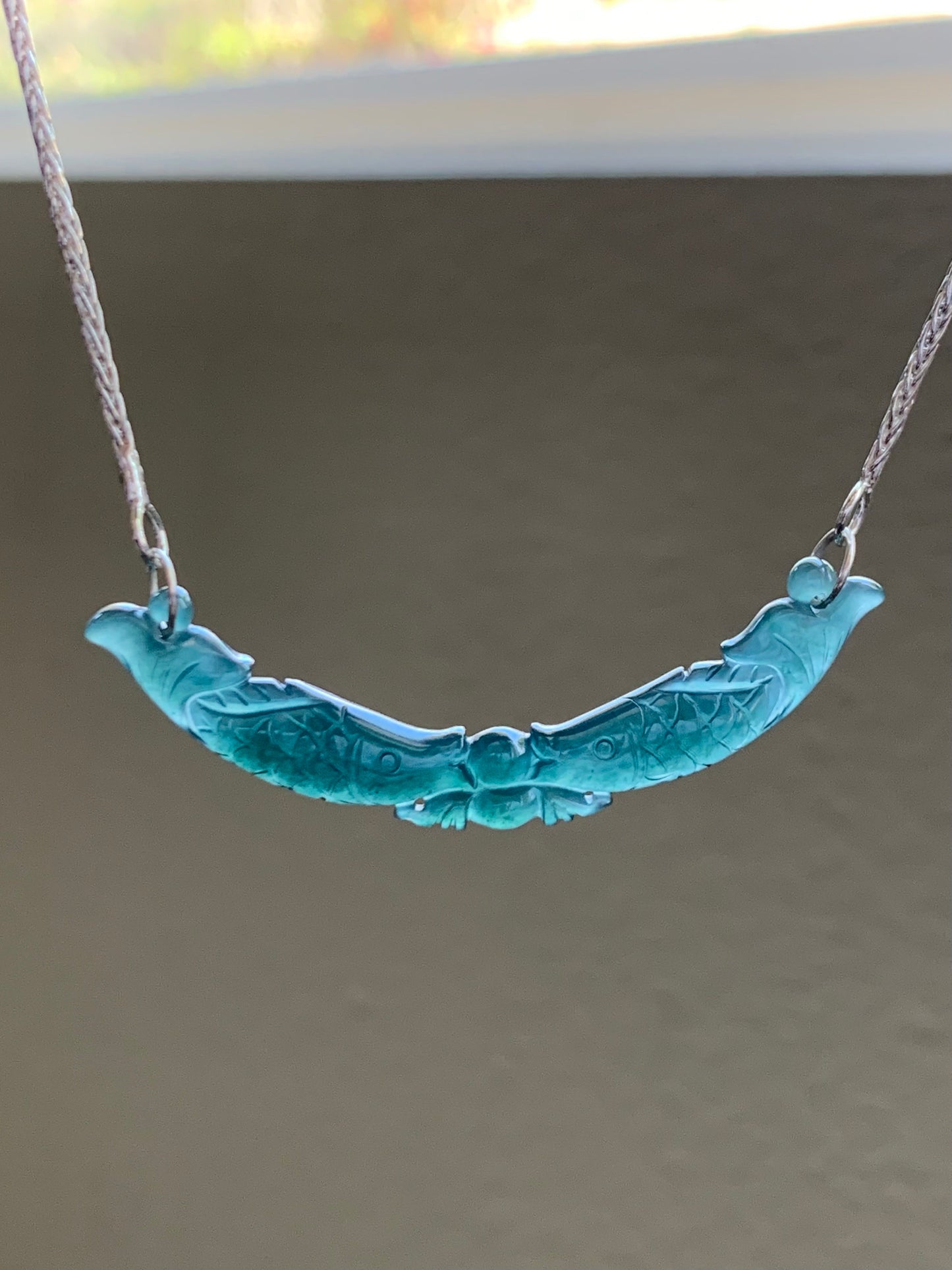 Natural Guatemalan Icy Translucent Deep Teal Blue Jadeite Double Fish Crescent Pendant 999 Sterling Silver Necklace 20” 天然冰胶危料湖水蓝翡翠双鱼玉横足银项链