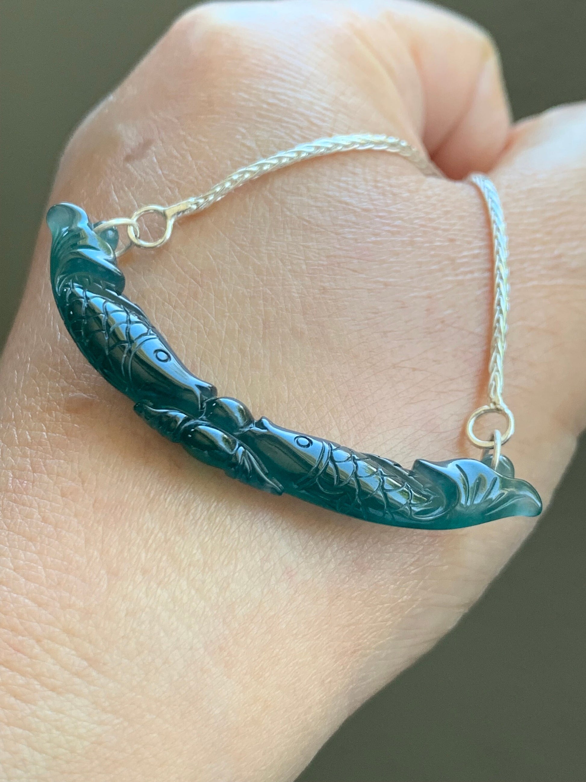 Natural Guatemalan Icy Translucent Deep Teal Blue Jadeite Double Fish Crescent Pendant 999 Sterling Silver Necklace 20” 天然冰胶危料湖水蓝翡翠双鱼玉横足银项链
