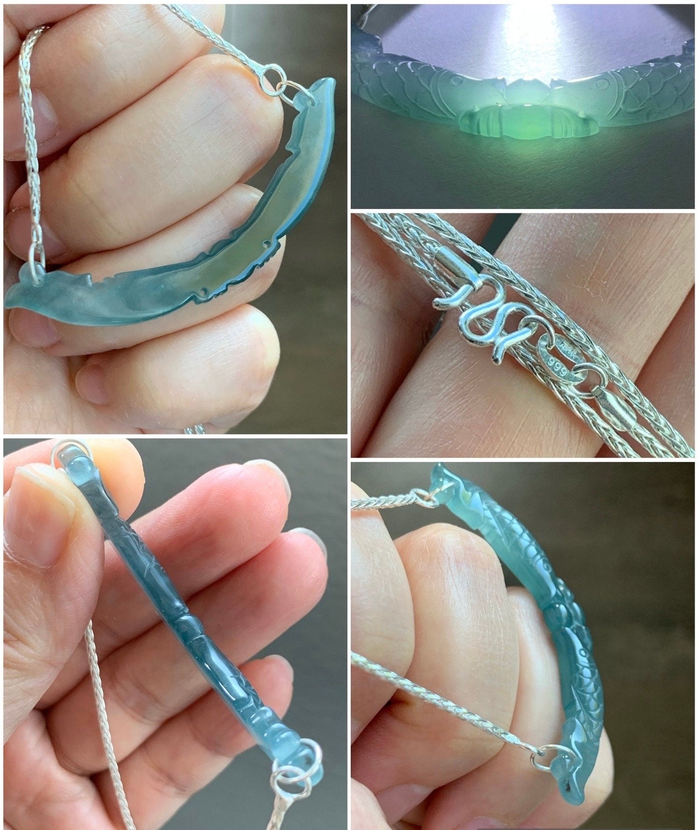 Natural Guatemalan Icy Translucent Teal Blue Jadeite Double Fish Crescent Pendant 999 Sterling Silver Necklace 20” 天然冰胶危料蓝水翡翠双鱼玉横足银项链