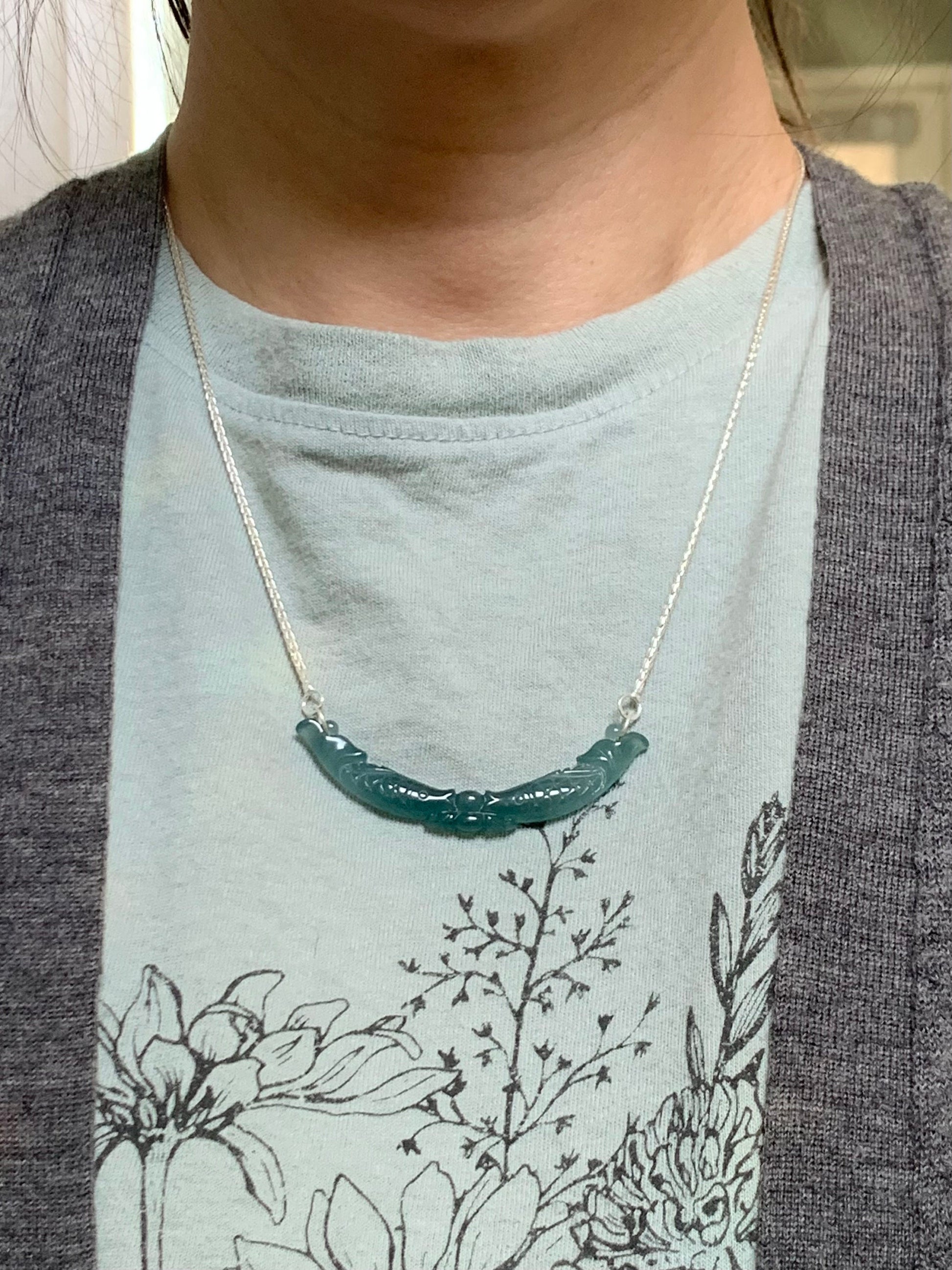 Natural Guatemalan Icy Translucent Teal Blue Jadeite Double Fish Crescent Pendant 999 Sterling Silver Necklace 20” 天然冰胶危料蓝水翡翠双鱼玉横足银项链