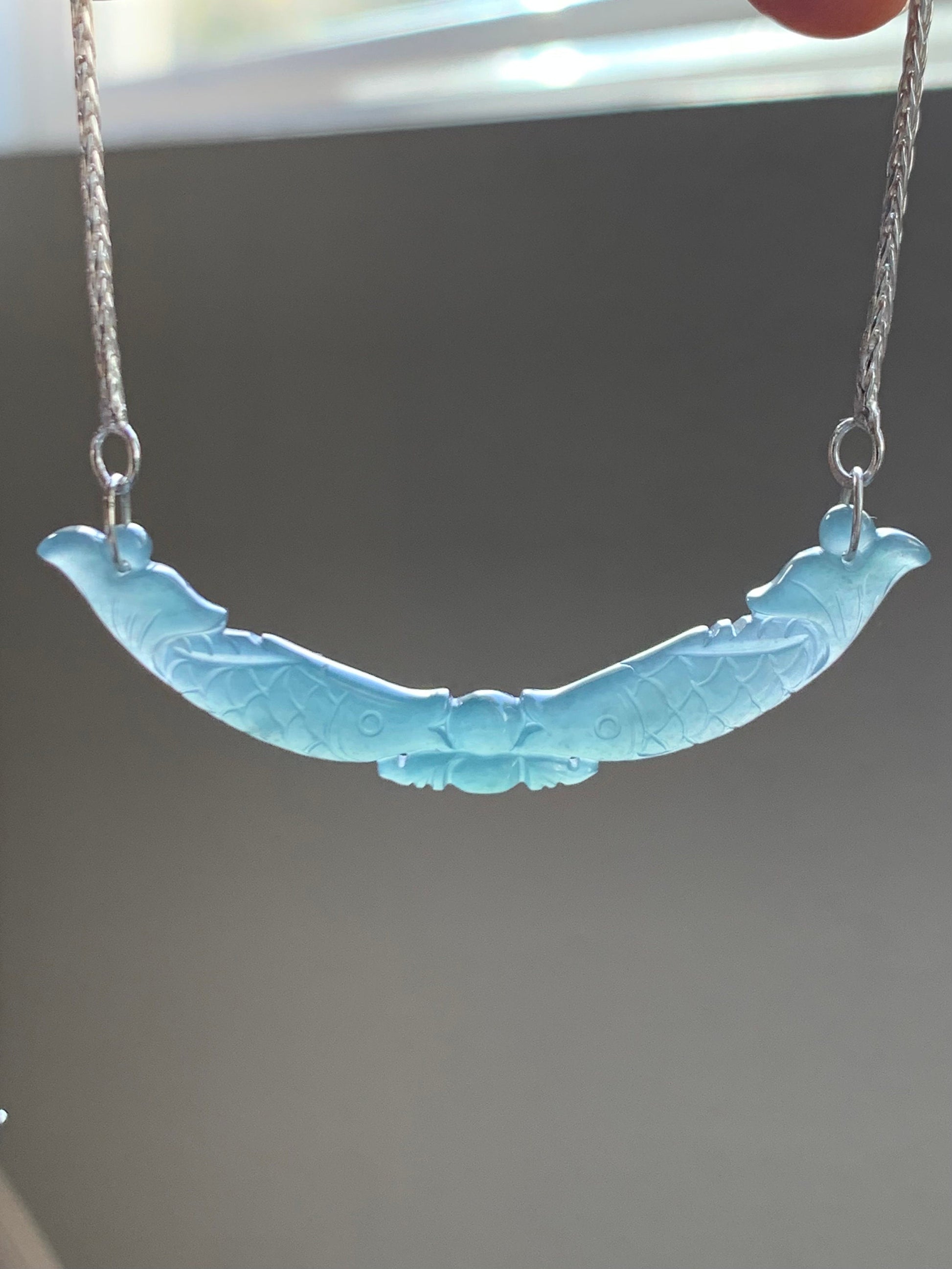 Natural Guatemalan Icy Translucent Teal Blue Jadeite Double Fish Crescent Pendant 999 Sterling Silver Necklace 20” 天然冰胶危料蓝水翡翠双鱼玉横足银项链