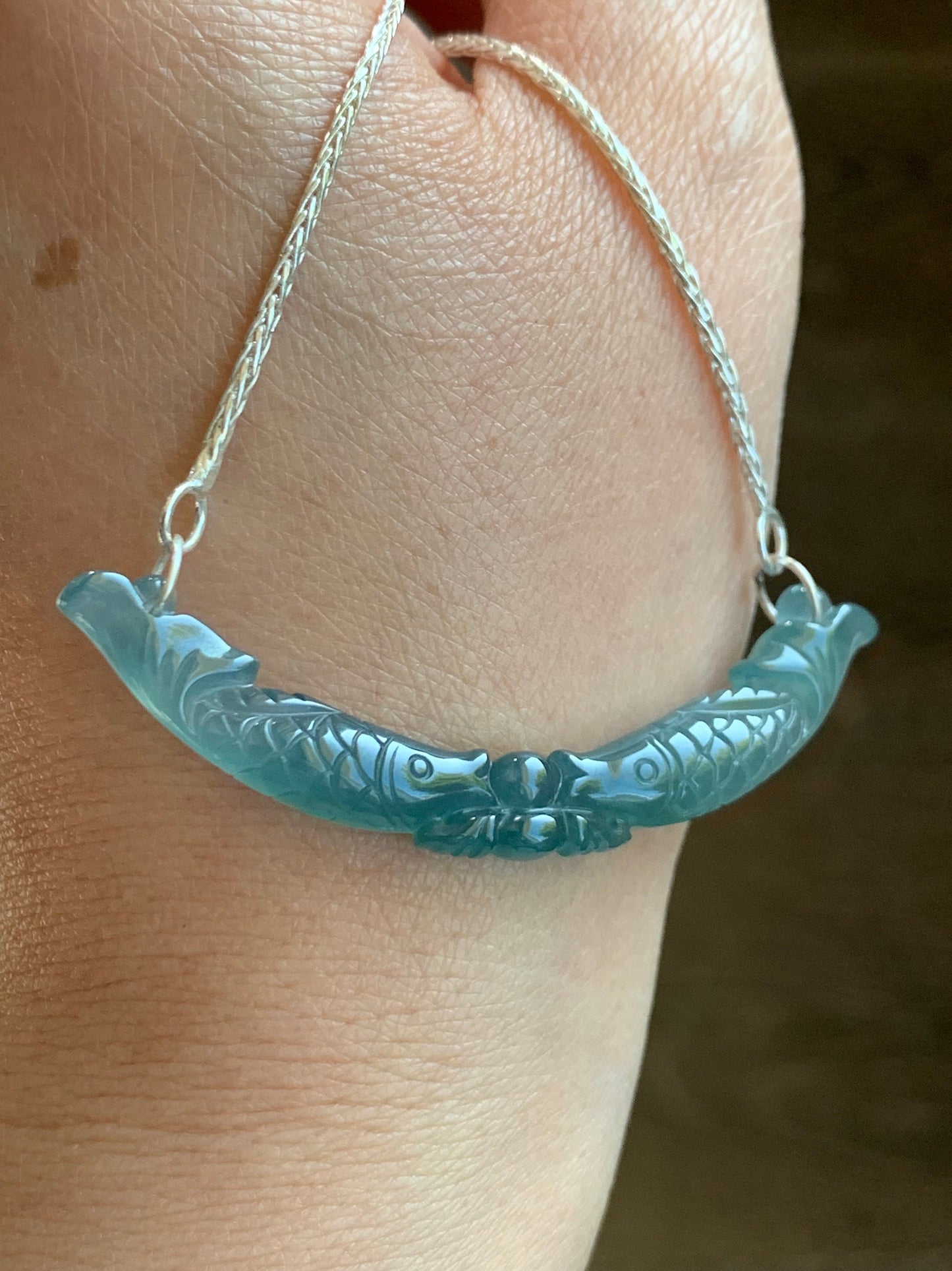 Natural Guatemalan Icy Translucent Teal Blue Jadeite Double Fish Crescent Pendant 999 Sterling Silver Necklace 20” 天然冰胶危料蓝水翡翠双鱼玉横足银项链
