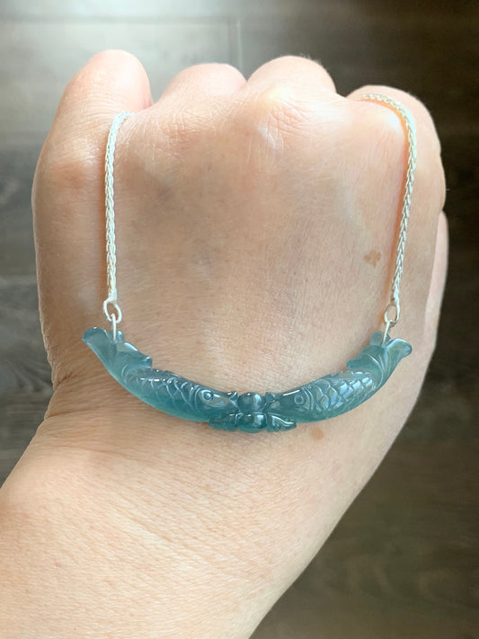 Natural Guatemalan Icy Translucent Teal Blue Jadeite Double Fish Crescent Pendant 999 Sterling Silver Necklace 20” 天然冰胶危料蓝水翡翠双鱼玉横足银项链