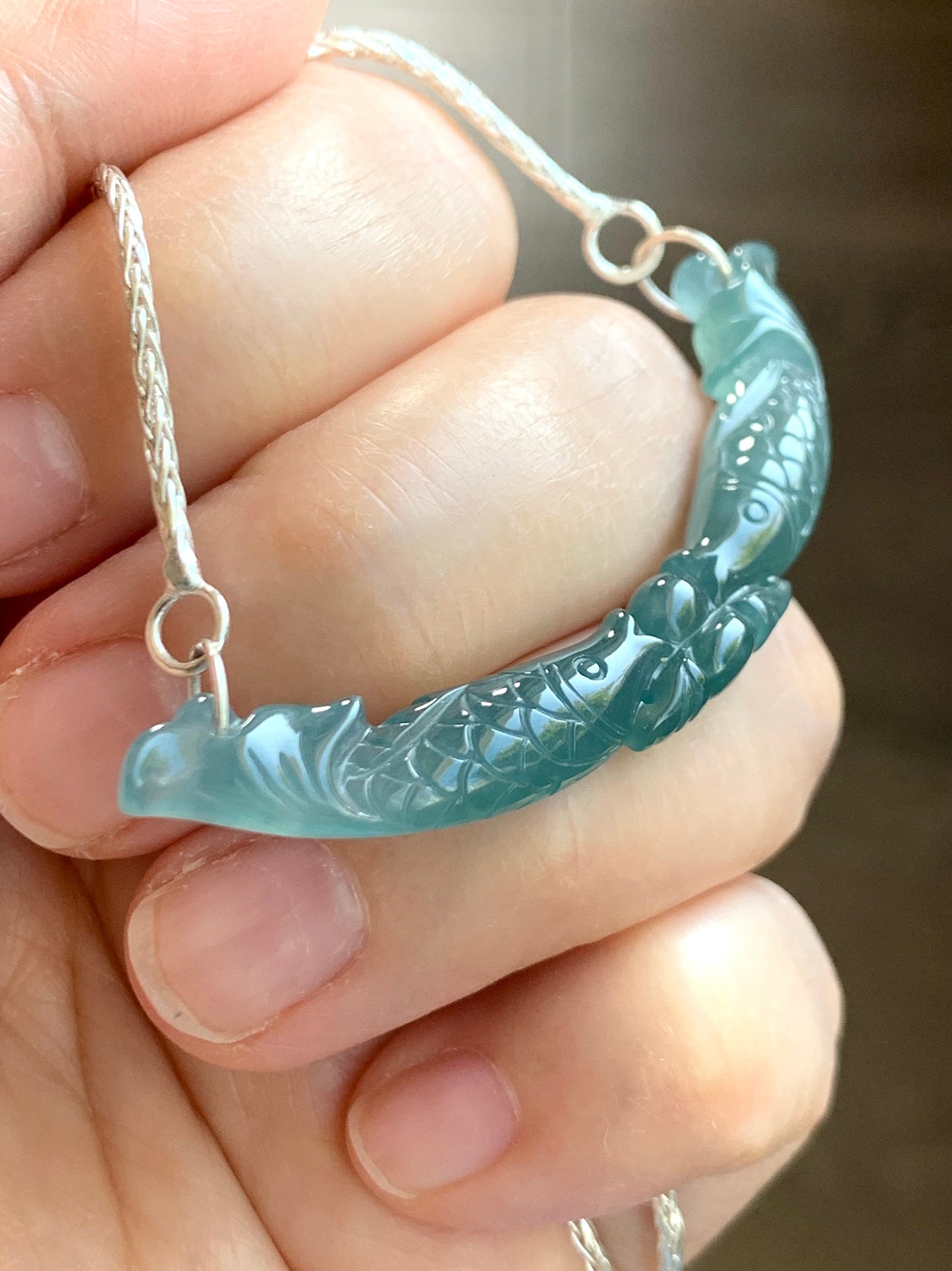 Natural Guatemalan Icy Translucent Teal Blue Jadeite Double Fish Crescent Pendant 999 Sterling Silver Necklace 20” 天然冰胶危料蓝水翡翠双鱼玉横足银项链