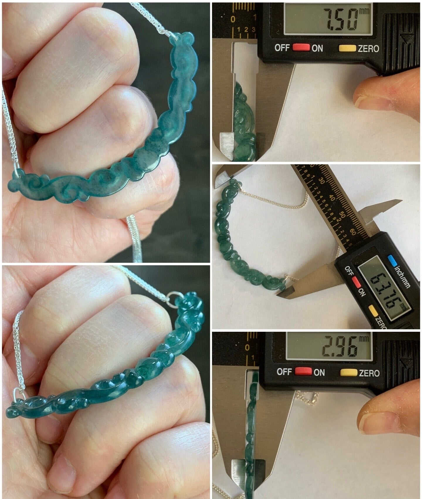 Natural Guatemalan Icy Highly Translucent Teal Green Carved Clouds Crescent Pendant 999 Sterling Silver Necklace 20” 天然起冰起光危蓝绿翡翠仿古祥云玉横足银项链