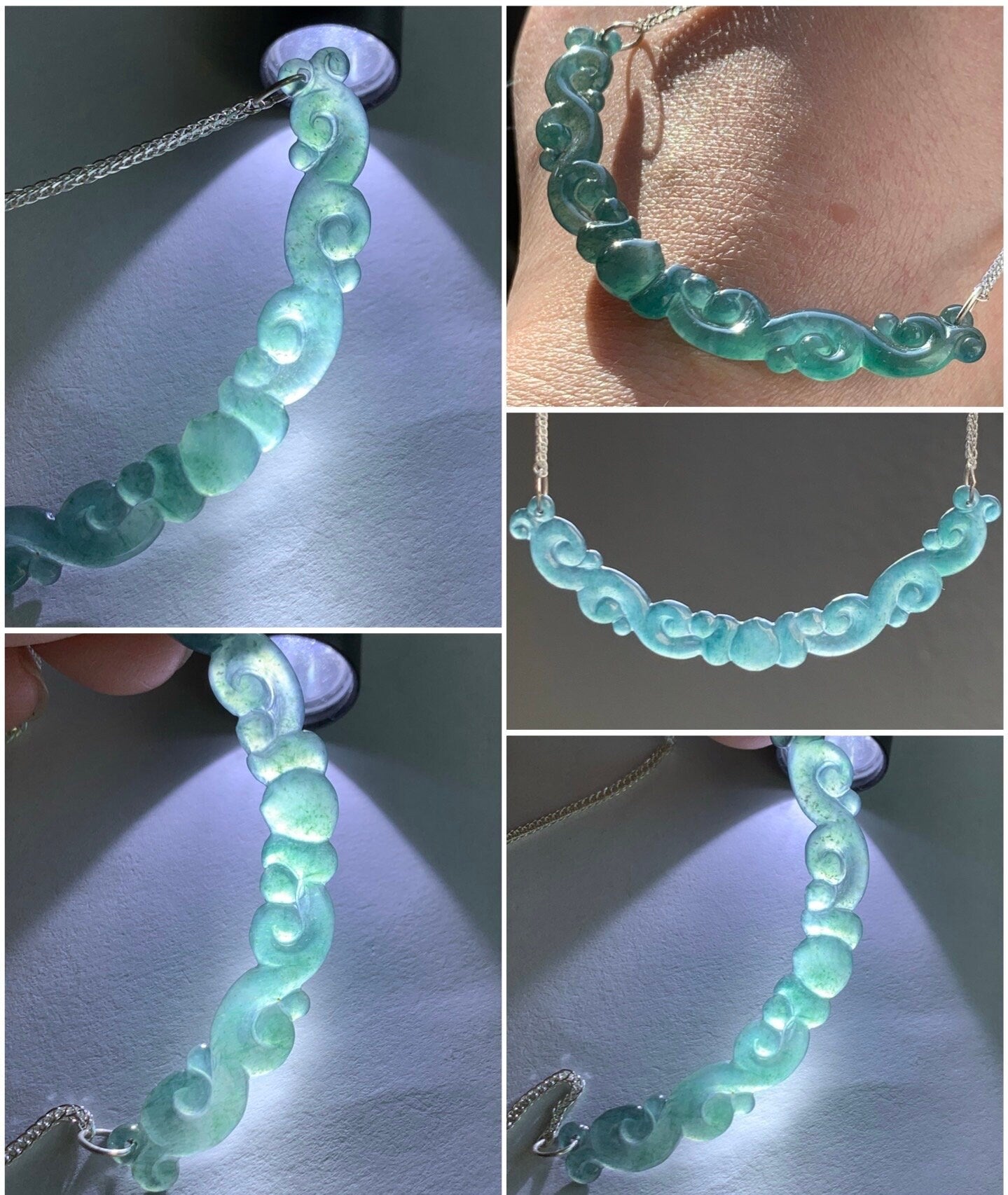 Natural Guatemalan Icy Highly Translucent Teal Green Carved Clouds Crescent Pendant 999 Sterling Silver Necklace 20” 天然起冰起光危蓝绿翡翠仿古祥云玉横足银项链
