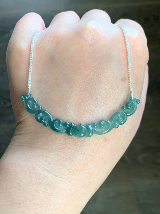 Natural Guatemalan Icy Highly Translucent Teal Green Carved Clouds Crescent Pendant 999 Sterling Silver Necklace 20” 天然起冰起光危蓝绿翡翠仿古祥云玉横足银项链