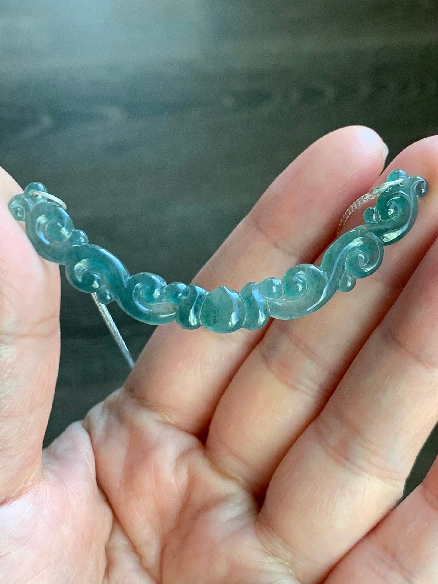 Natural Guatemalan Icy Highly Translucent Teal Green Carved Clouds Crescent Pendant 999 Sterling Silver Necklace 20” 天然起冰起光危蓝绿翡翠仿古祥云玉横足银项链