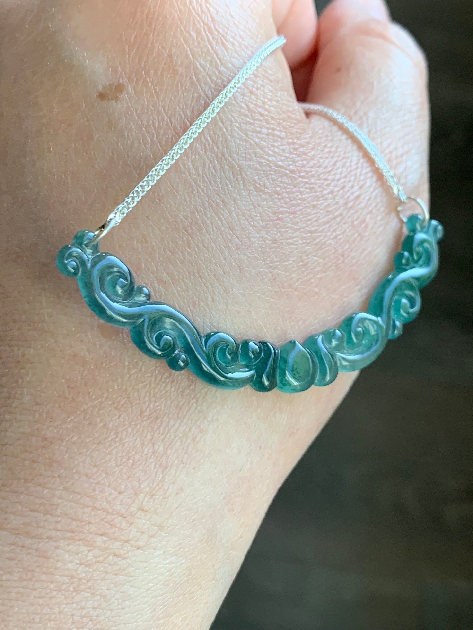 Natural Guatemalan Icy Highly Translucent Teal Green Carved Clouds Crescent Pendant 999 Sterling Silver Necklace 20” 天然起冰起光危蓝绿翡翠仿古祥云玉横足银项链