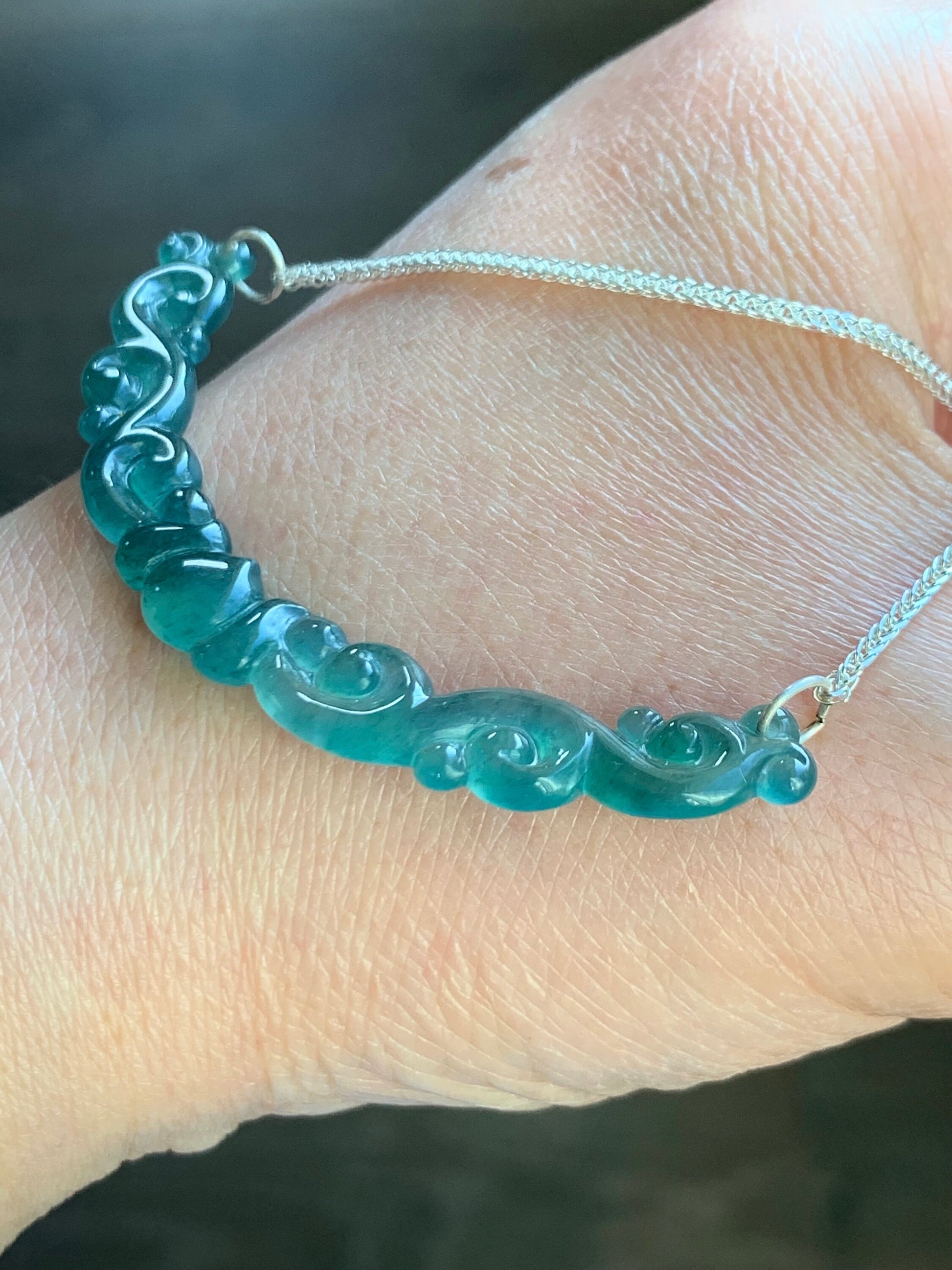 Natural Guatemalan Icy Highly Translucent Teal Green Carved Clouds Crescent Pendant 999 Sterling Silver Necklace 20” 天然起冰起光危蓝绿翡翠仿古祥云玉横足银项链
