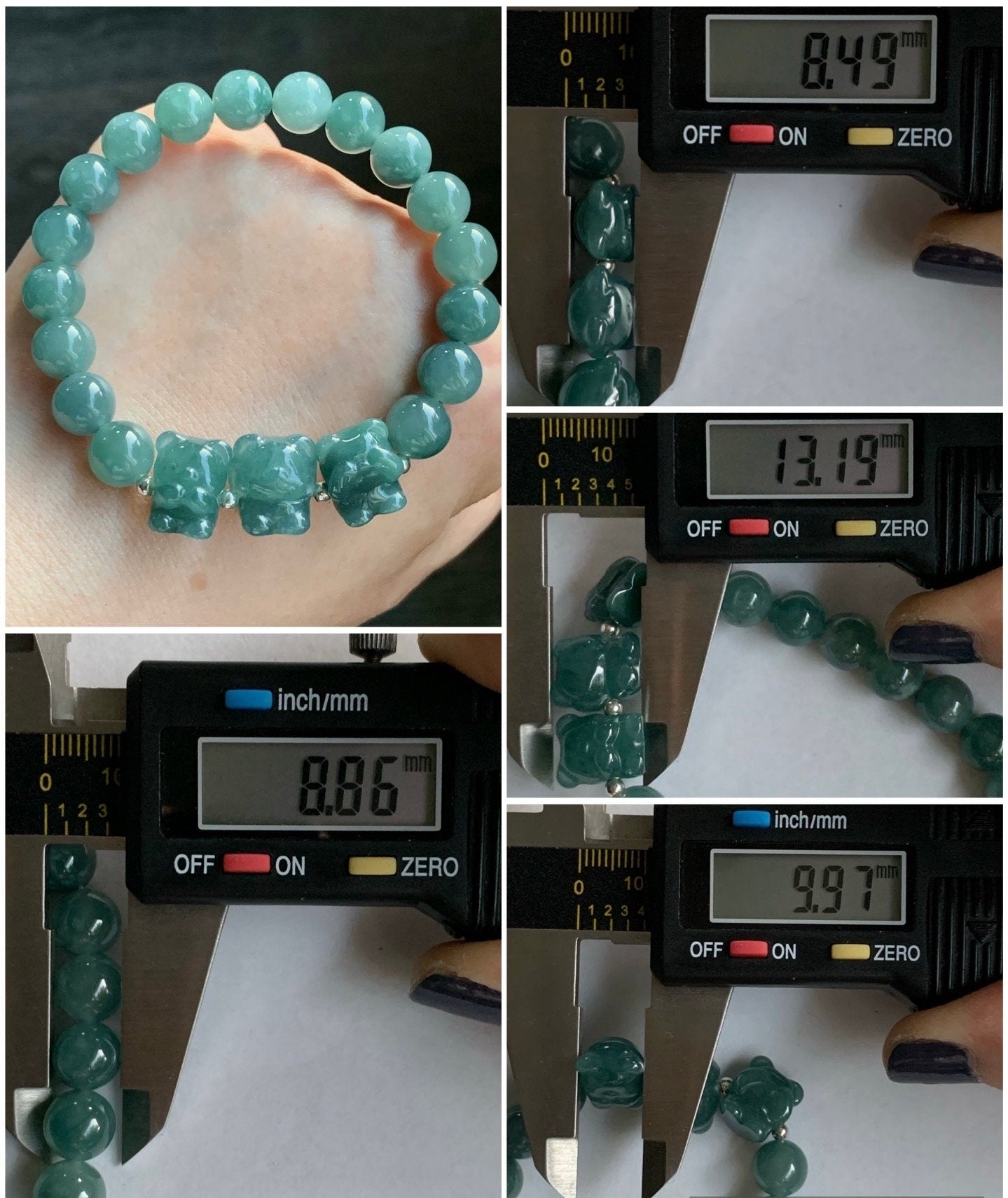 Natural Guatemalan Icy Translucent Teal Blue Jadeite Three Wise Bear Charms Beaded Bracelet Sterling Silver 8.9mm 7” 28g 天然冰危蓝绿翡翠不听不看不说小熊手串