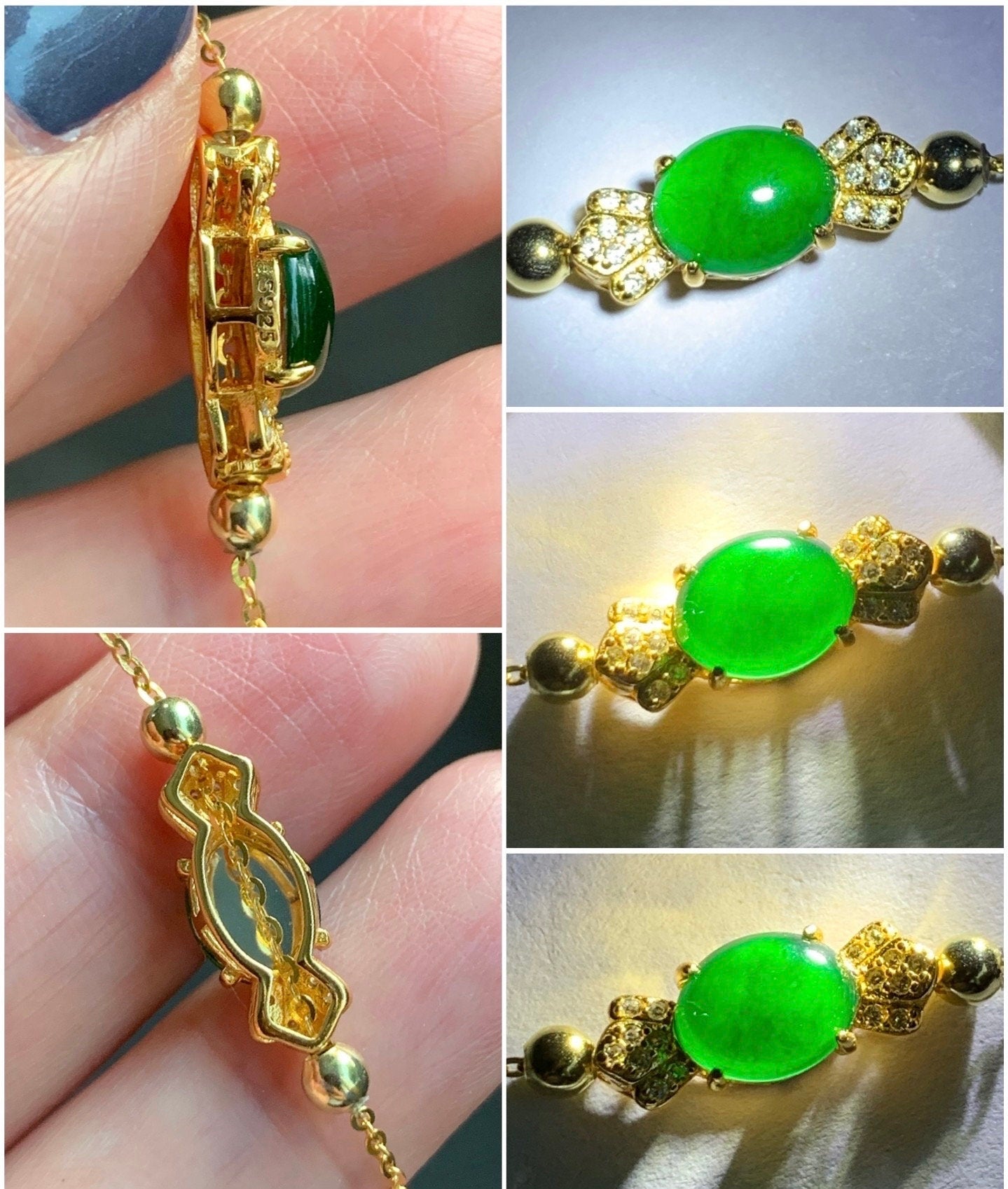 Natural Guatemalan Icy Highly Translucent Vibrant Green Oval Jadeite Candy Charm Chain Bracelet Sterling Silver YG Finish 天然冰危绿翡翠糖果潘多拉针式银手链