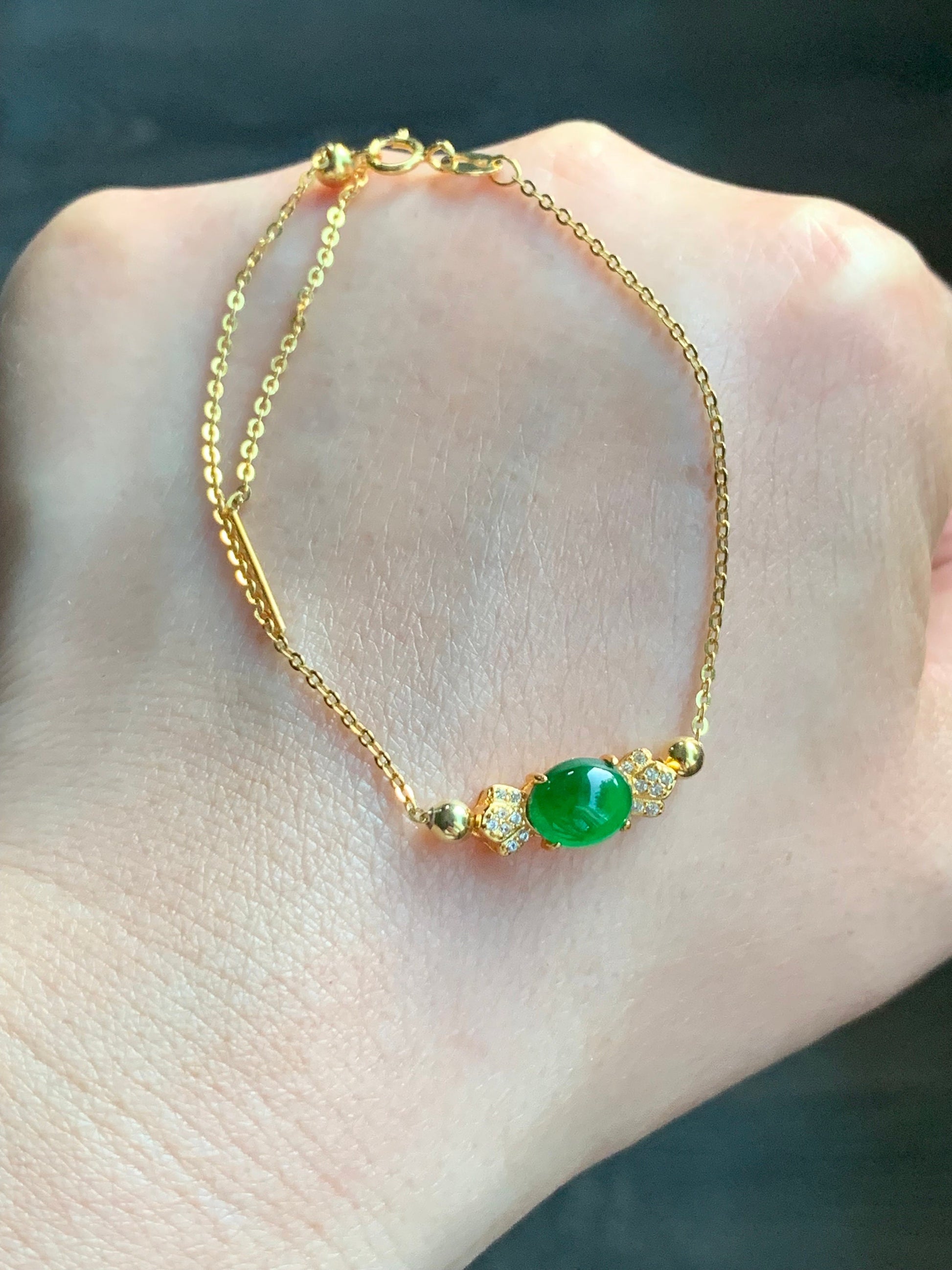 Natural Guatemalan Icy Highly Translucent Vibrant Green Oval Jadeite Candy Charm Chain Bracelet Sterling Silver YG Finish 天然冰危绿翡翠糖果潘多拉针式银手链