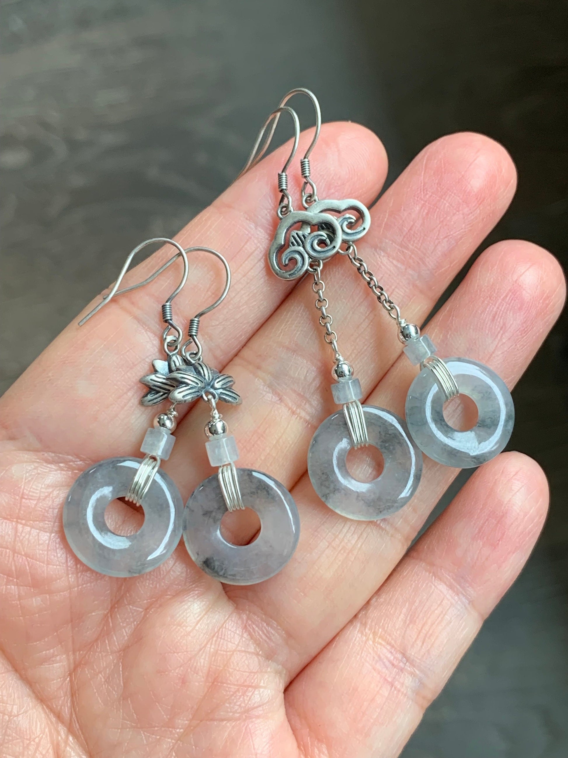 Natural Burmese Icy Translucent Gelatinous Wuji Jadeite Ping An Kou Donut Dangle Earrings Retro Style 925 Sterling Silver 天然缅甸A货冰胶乌鸡翡翠平安扣银耳吊