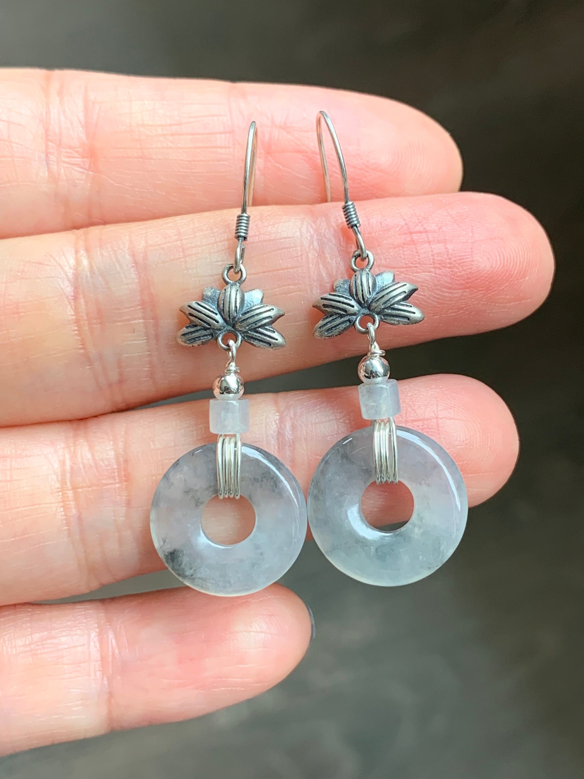 Natural Burmese Icy Translucent Gelatinous Wuji Jadeite Ping An Kou Donut Dangle Earrings Retro Style 925 Sterling Silver 天然缅甸A货冰胶乌鸡翡翠平安扣银耳吊