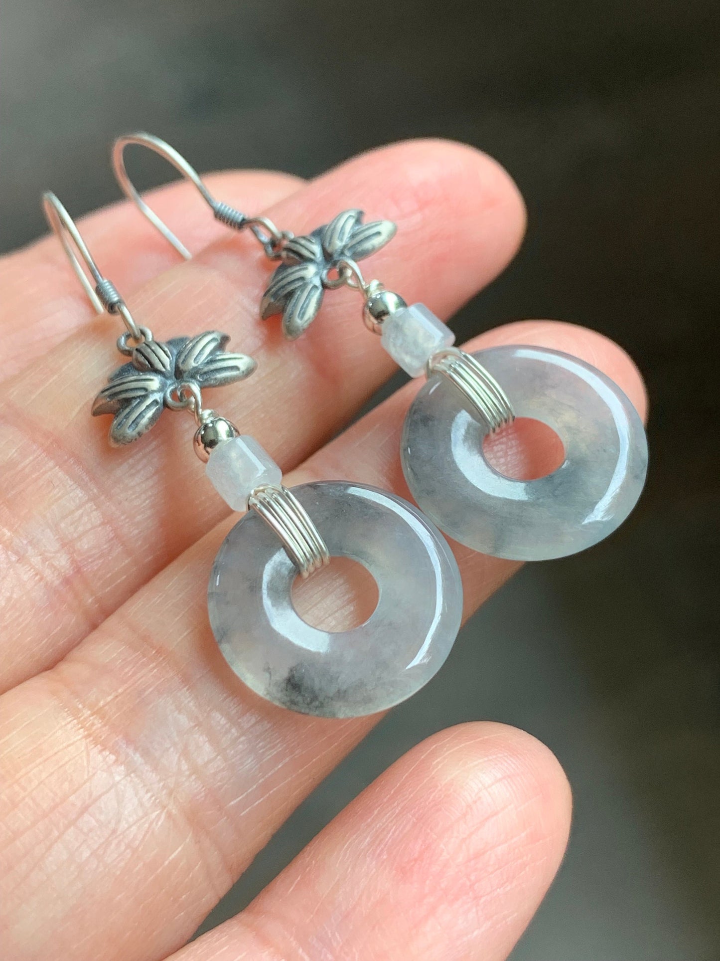 Natural Burmese Icy Translucent Gelatinous Wuji Jadeite Ping An Kou Donut Dangle Earrings Retro Style 925 Sterling Silver 天然缅甸A货冰胶乌鸡翡翠平安扣银耳吊
